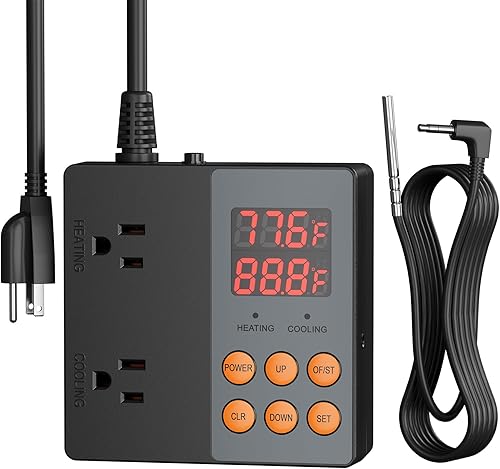 BN-LINK Controlador de termostato profesional de calefacción y refrigeración digital de 2 etapas, enchufe para reptiles, acuario, carboy,