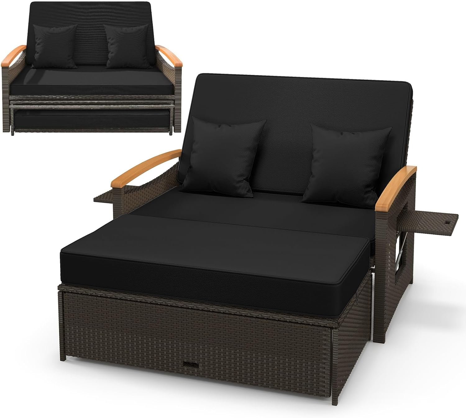 RELAX4LIFE Wicker Patio Outdoor Daybed - Rattan Cushioned Loveseat w/Storage Ottoman, Double Chaise Lounger w/4-Level Adjustable Backrest & Retractable Trays, 2-Person Sunbed Outdoor Bed (Black)