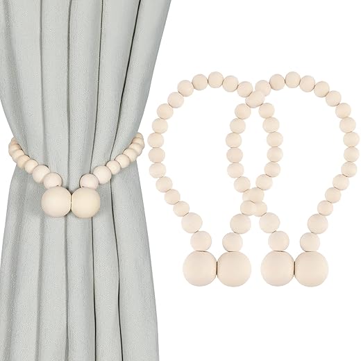 KLOGTSIND Magnetic Wood Bead Curtain Tiebacks, Curtain Holders for Boho Bedroom, Baby Nursery, Farmhouse Decor, Wood Color, 2 Packs