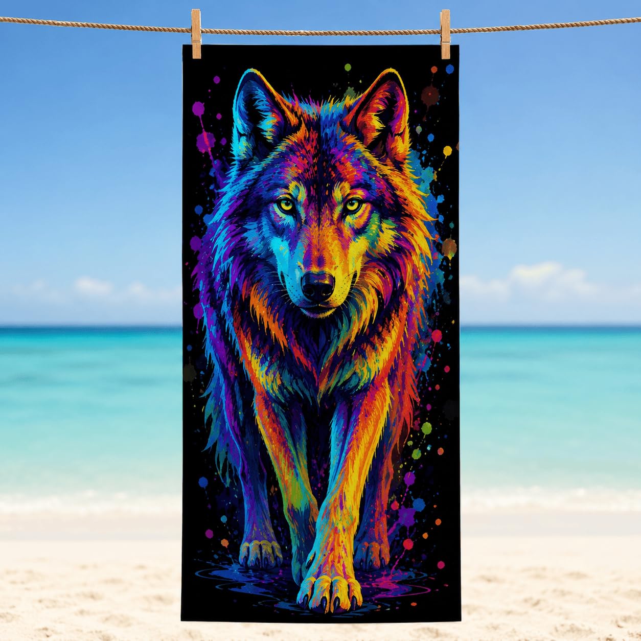 Telo Mare Microfibra Lupo Colorato Asciugatura Rapida | Asciugamano da Spiaggia Lupo Astratto, 145x200 cm, Assorbente, Accessori Mare, per Palestra Viaggio
