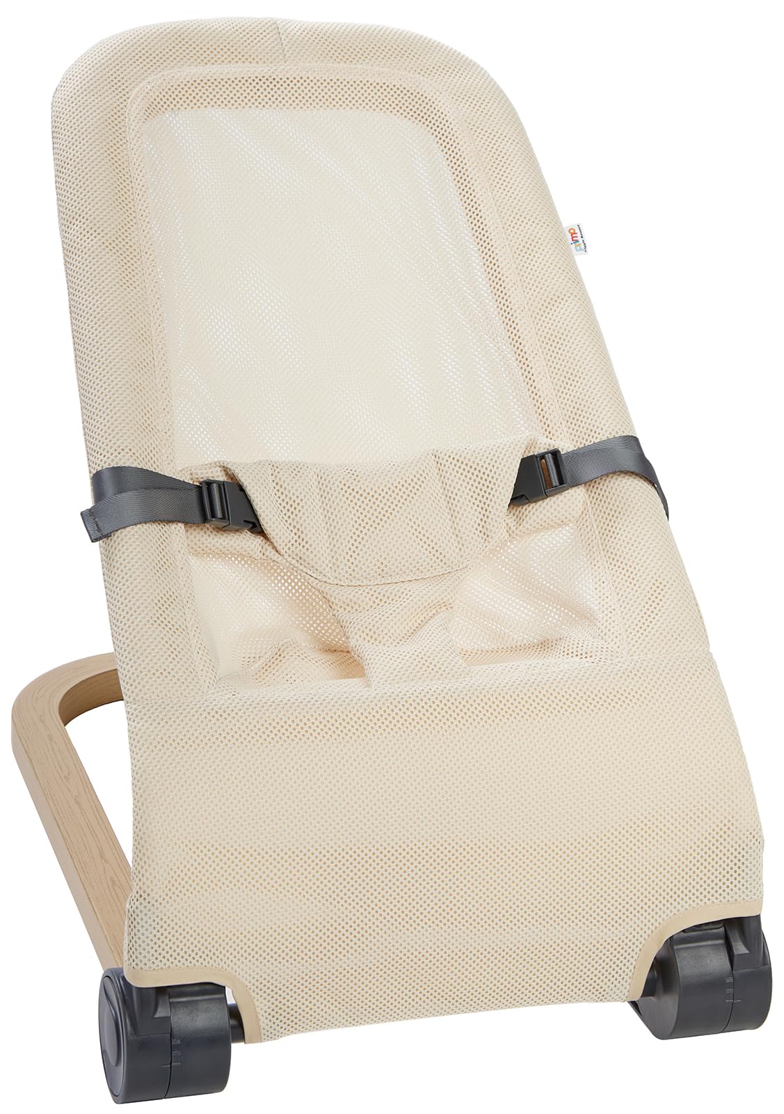 giggle bounce deluxe folding baby bouncer seat and lounger (cream) wood grain base, adjustable recline, portable folding design - ideal baby rocker, swing, lounger & new born baby gift 0-6 months