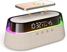 EZVALO Digital Alarm Clock, Clock Radio with Wireless Charging 15W, Bluetooth Speaker, FM Radio, Dual Alarm, 12/24H Snooze, Night Light, LED Display, Rhythm RGB Light, Timer, Alarm Clocks for Bedrooms