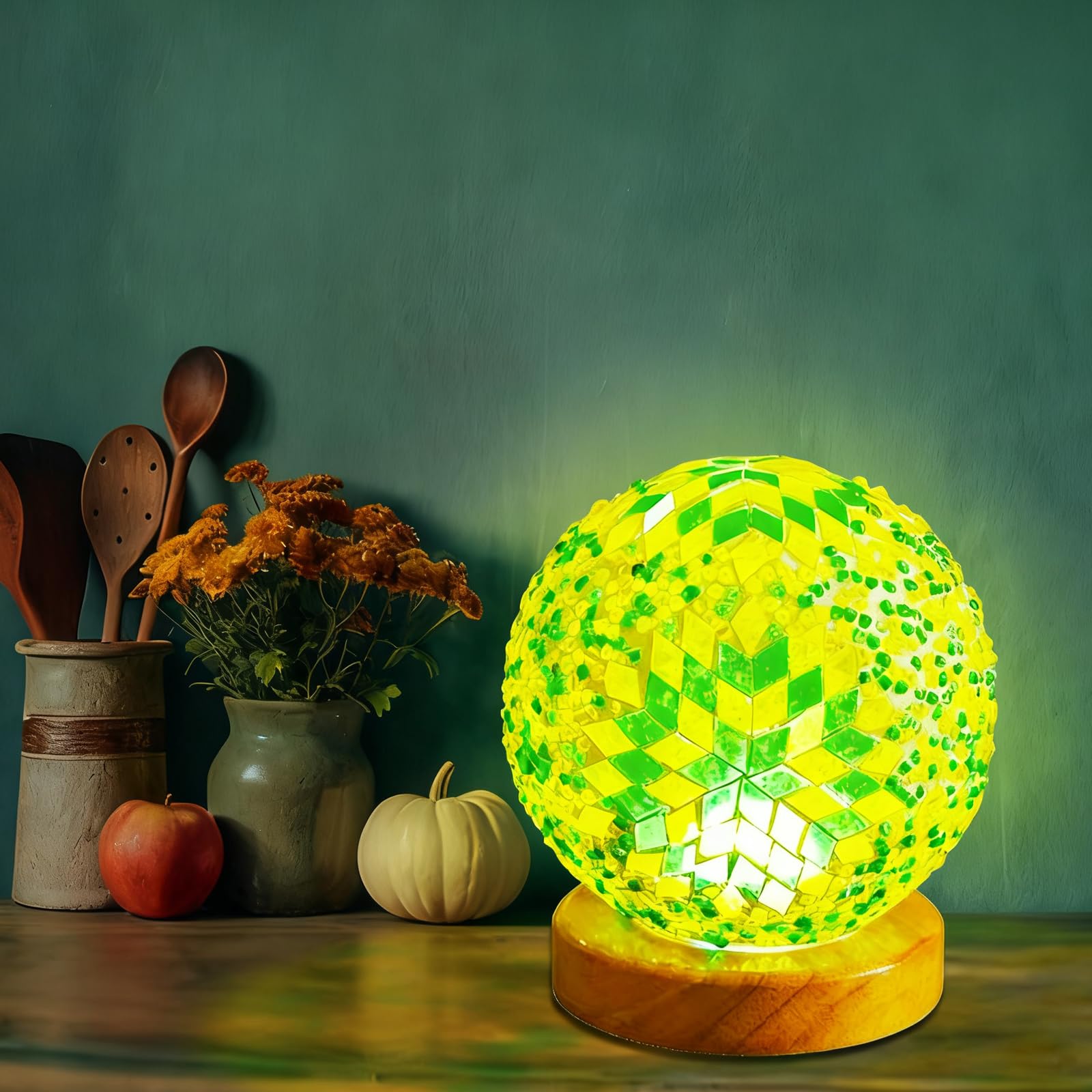 Table Lamp Turkish Mosaic Glass Night Light Bohemian Spherical Decorative Lamp for Dining Room Ambient Lighting Thanksgiving Party Living Room Decor Unique Home Gift (Boho-Green, Boho)4.72"*5.31" — image 1