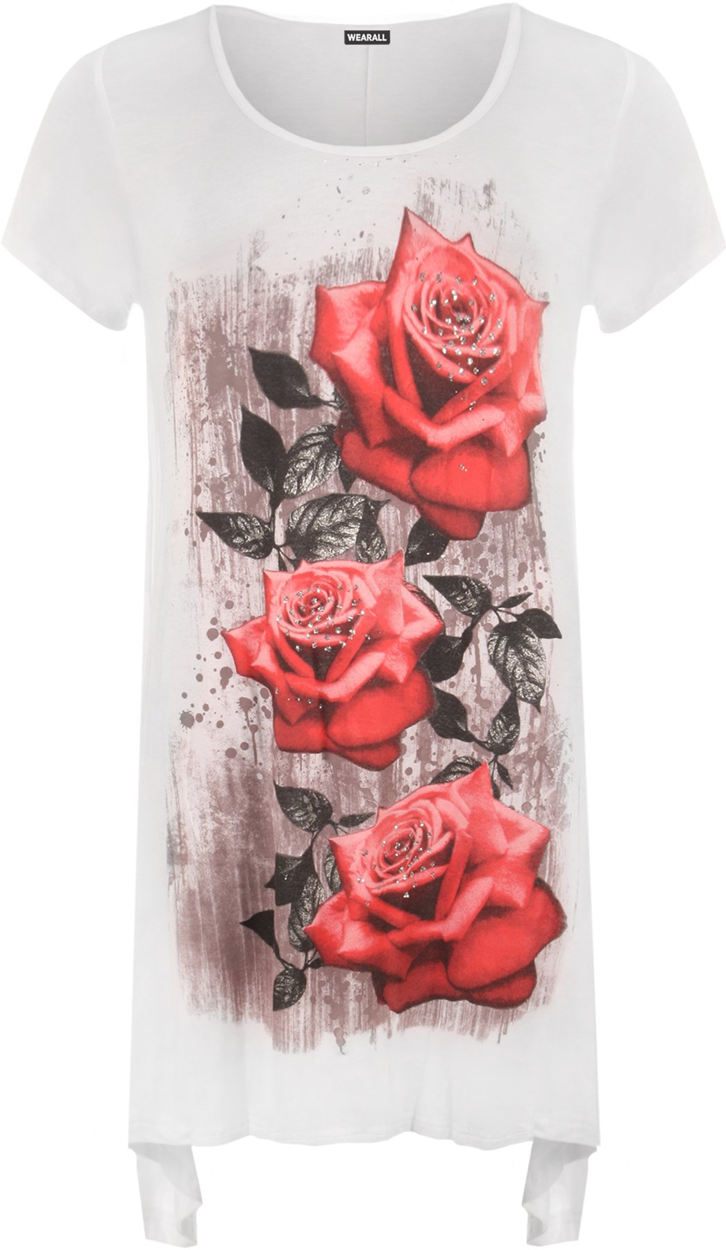 Wearall Women's White Plus Size Glitter Rose Print Hanky Hem Short Sleeve Long Top 28/30