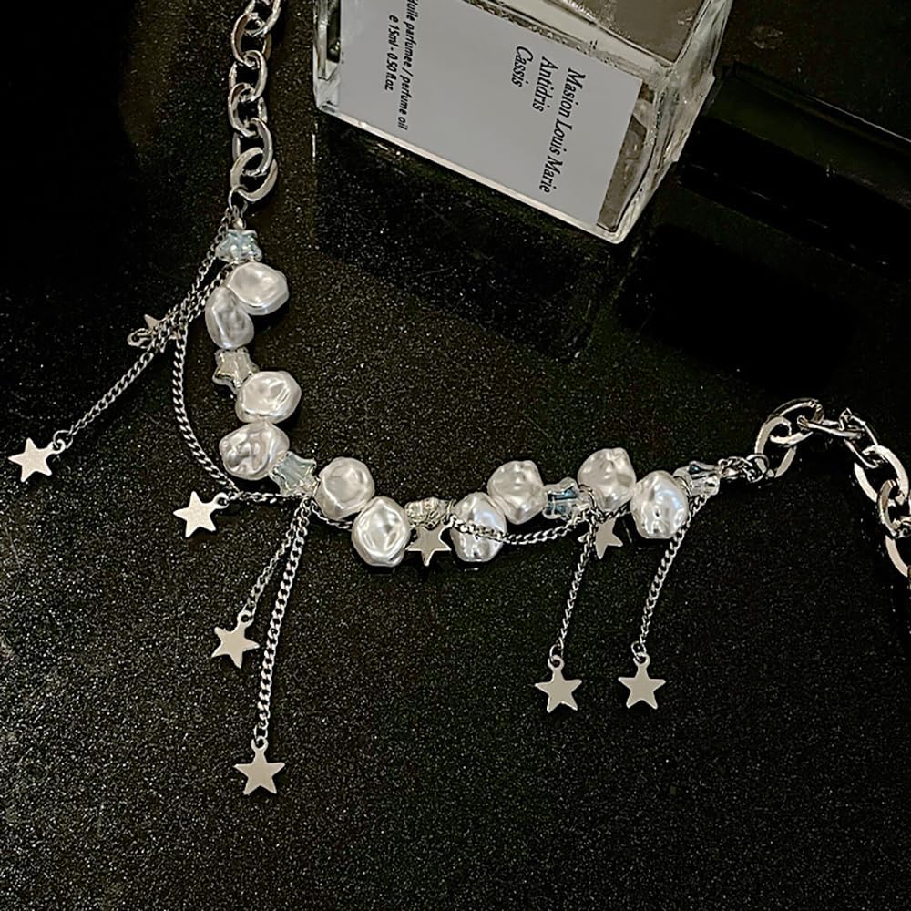 Silver Baroque Pearl Star Tassel Necklaces, Adjustable Chunky Chain Choker Necklaces, Layered Y2k Statement Jewelry Gifts for Women - Image 5