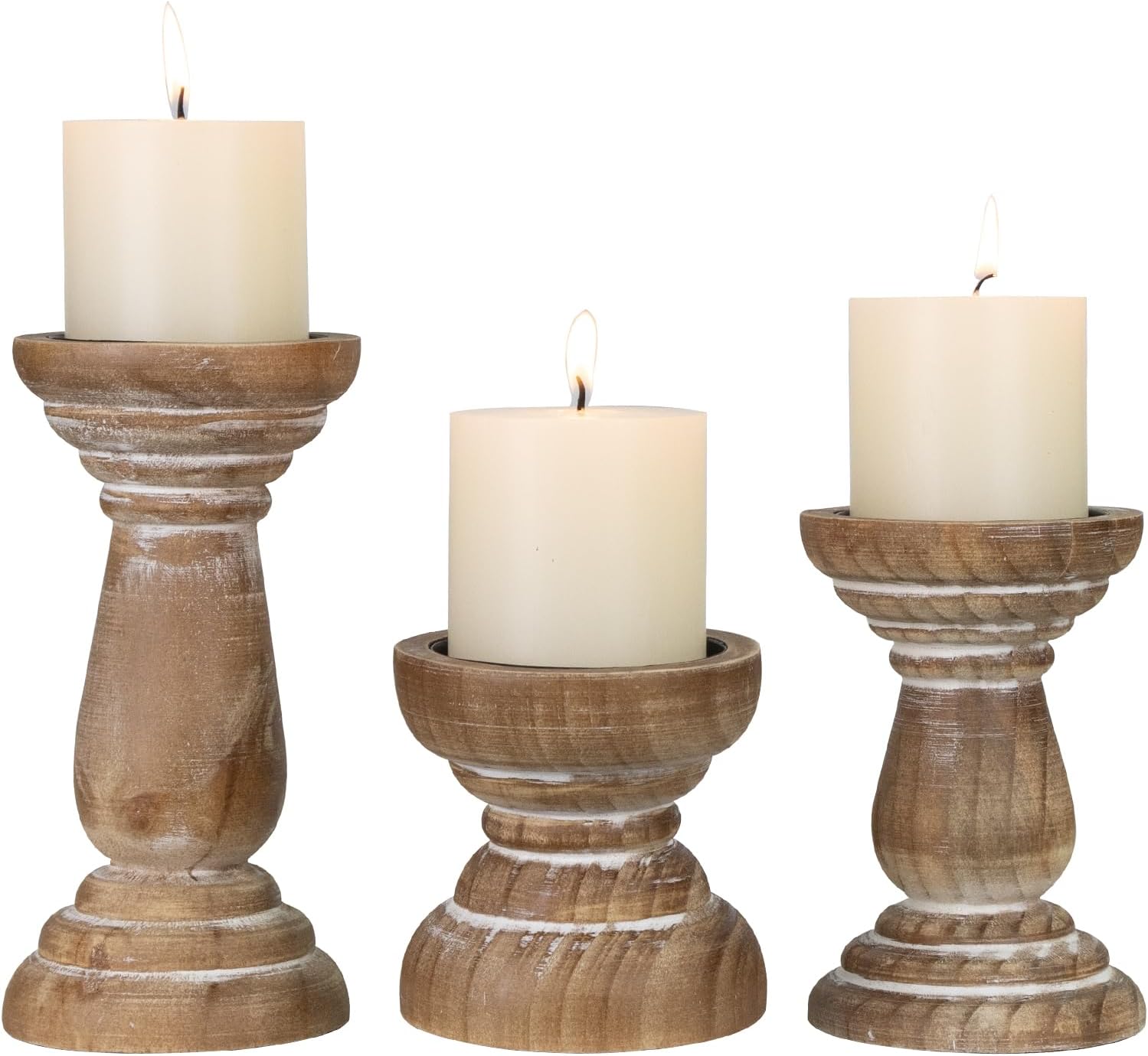 Candle Holder for Pillar Candle Set of 3, Farmhouse Wood Candle Holder, Rustic Wooden Candle Stand, Vintage Small Wooden Candlestick HoldersDecorative for Living Room, Table Centerpiece (Brown) Washedbrown Set of 3