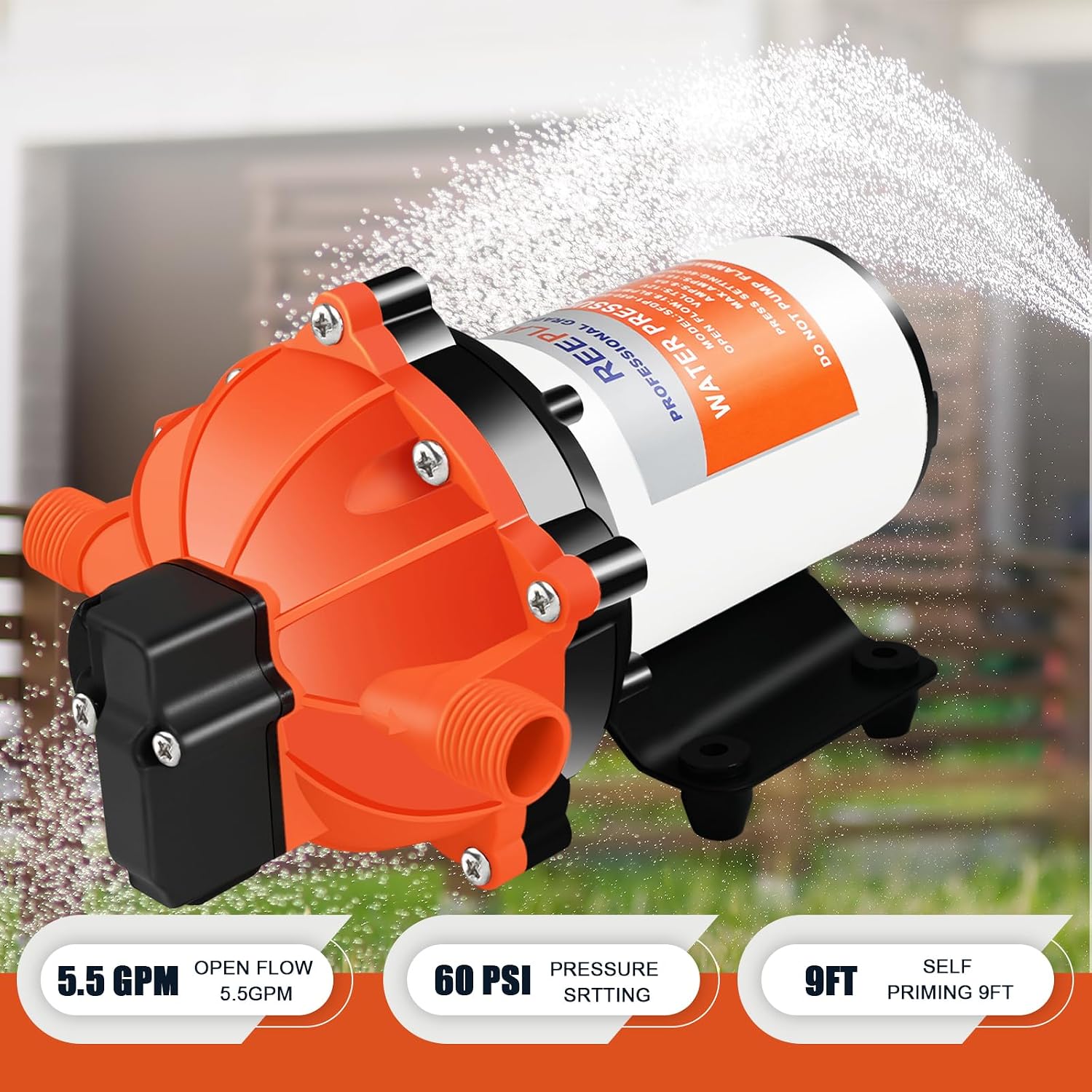 Diaphragm Pump 12V DC, 5.5 GPM, 60 PSI with Heavy Duty Pressure Switch