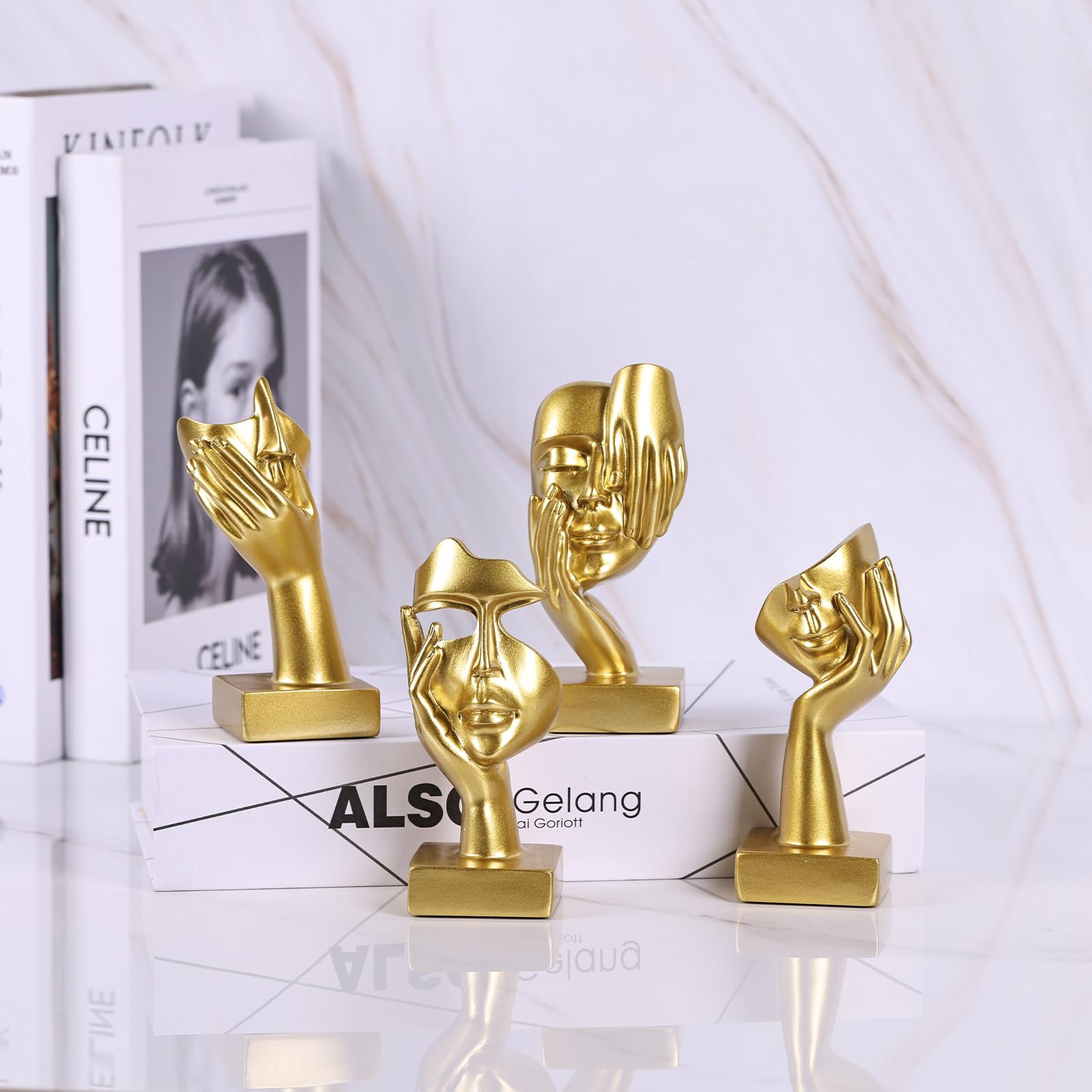 Set di 4 statuette dorate astratte, scultura moderna design per soggiorno, oggetti decorativi per casa, decorazioni libreria, statuette per scaffale, scrivania e tavolino (Oro)