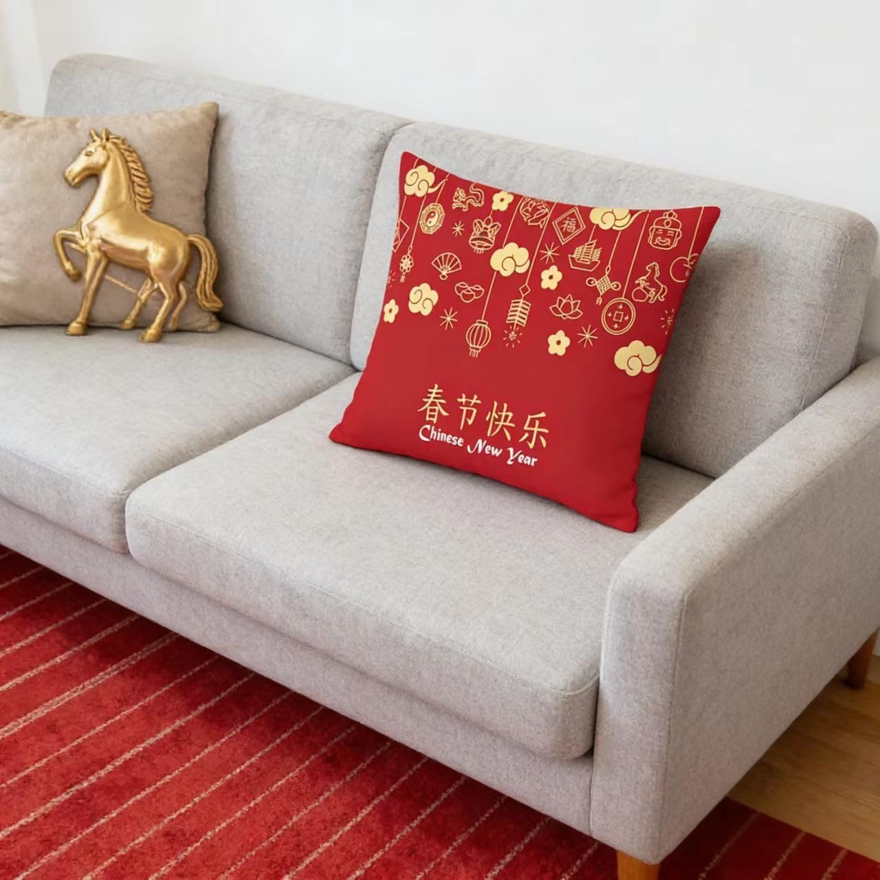 KYMY 2026 Chinese New Year Cushion Covers – Set of 4, 17.5 x 17.5 Inch Fu Character Lucky Prosperity Spring Festival Lunar New Year Polyester Throw Pillow Covers for Couch Sofa Home Decor