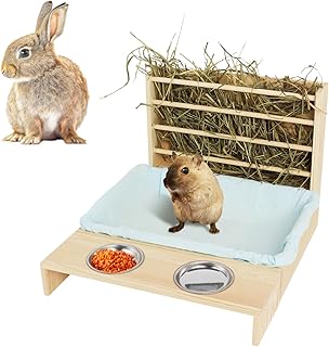 Foldable Rabbit Hay Feeder with Litter Box and Bowls,3 in 1 Wooden Hay Holder Toilet Combo Feeding Manger for Rabbit Bunny Guinea Pig Hamster Small Animals Reduces Waste Hay