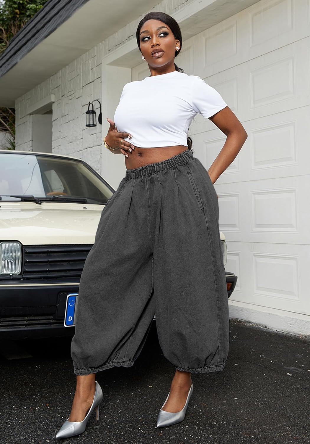 Tbahhir Women's Baggy Jeans Barrel Cropped Elastic Waist Denim Pants Loose Trousers with Pockets - Image 6