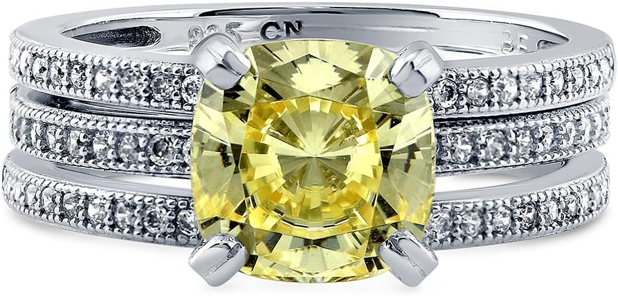 BERRICLE Sterling Silver Solitaire Wedding Engagement Rings 3 Carat Canary Yellow Cushion Cut Cubic Zirconia CZ Ring Set for Women, Rhodium Plated