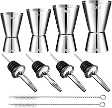 Set of 4 Cocktail Jiggers 3 cl 4 cl 5 cl 6 cl, Stainless Steel Double Cocktail Jigger with 4 Pourers and 2 Brushes for Bar, Party, Wine, Cocktail