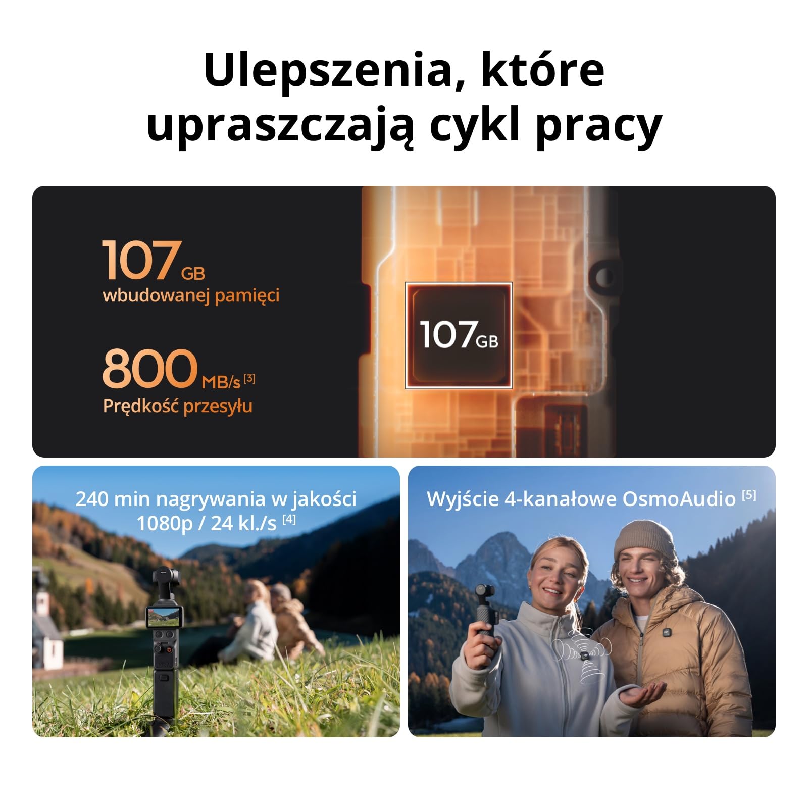 DJI Osmo Pocket 4 Essential Combo, kieszonkowa kamera do vlogowania z gimbalem, matryca CMOS 1″ i 4K/240 kl./s, 3-osiowa stabilizacja, wbudowana pamięć 107 GB