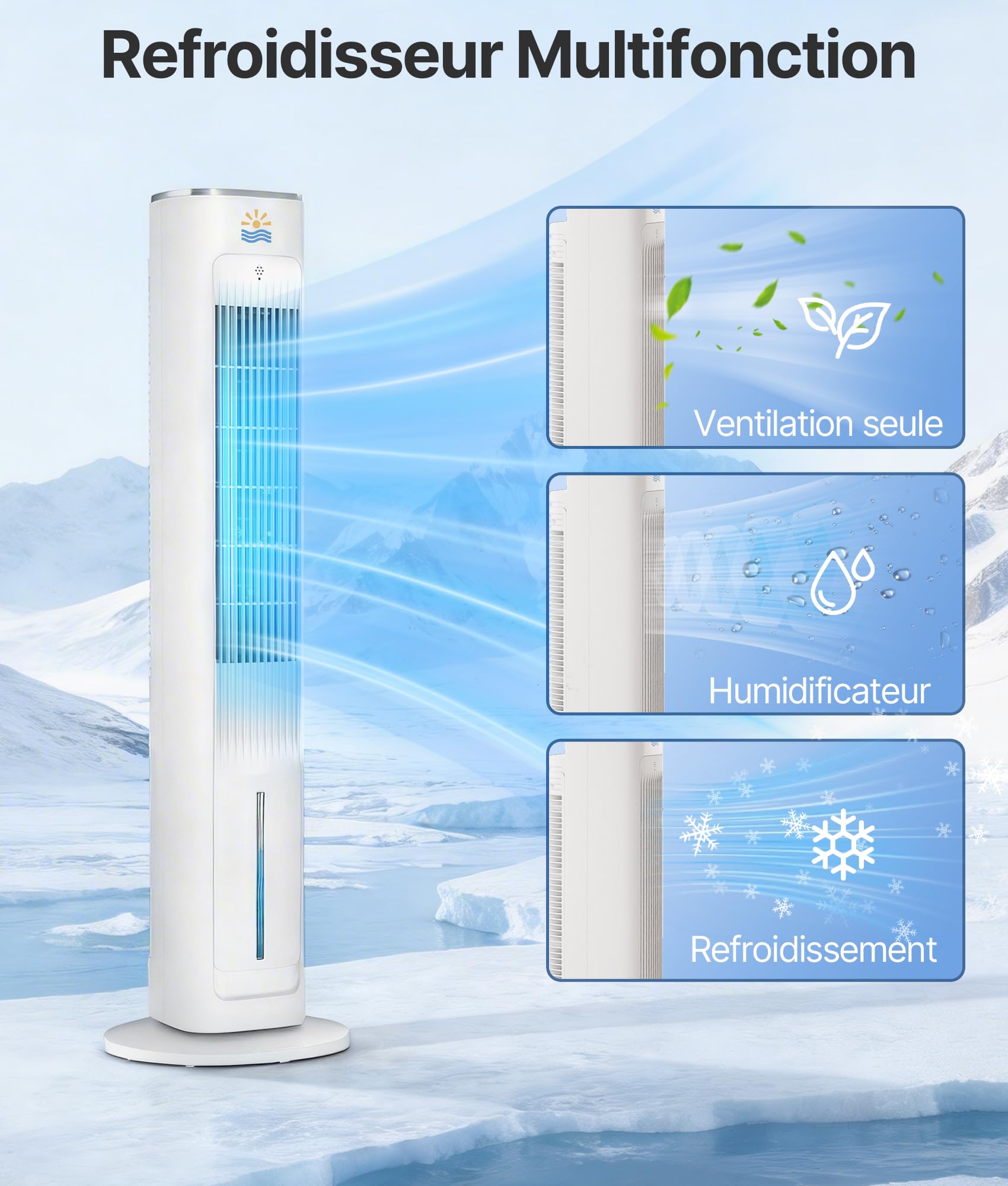 Rafraichisseur d'Air Silencieux- Alternative Auclimatiseur Mobile Sans Évacuation, Oscillation 75°, Minuterie 12H, Télécommande, Blanc