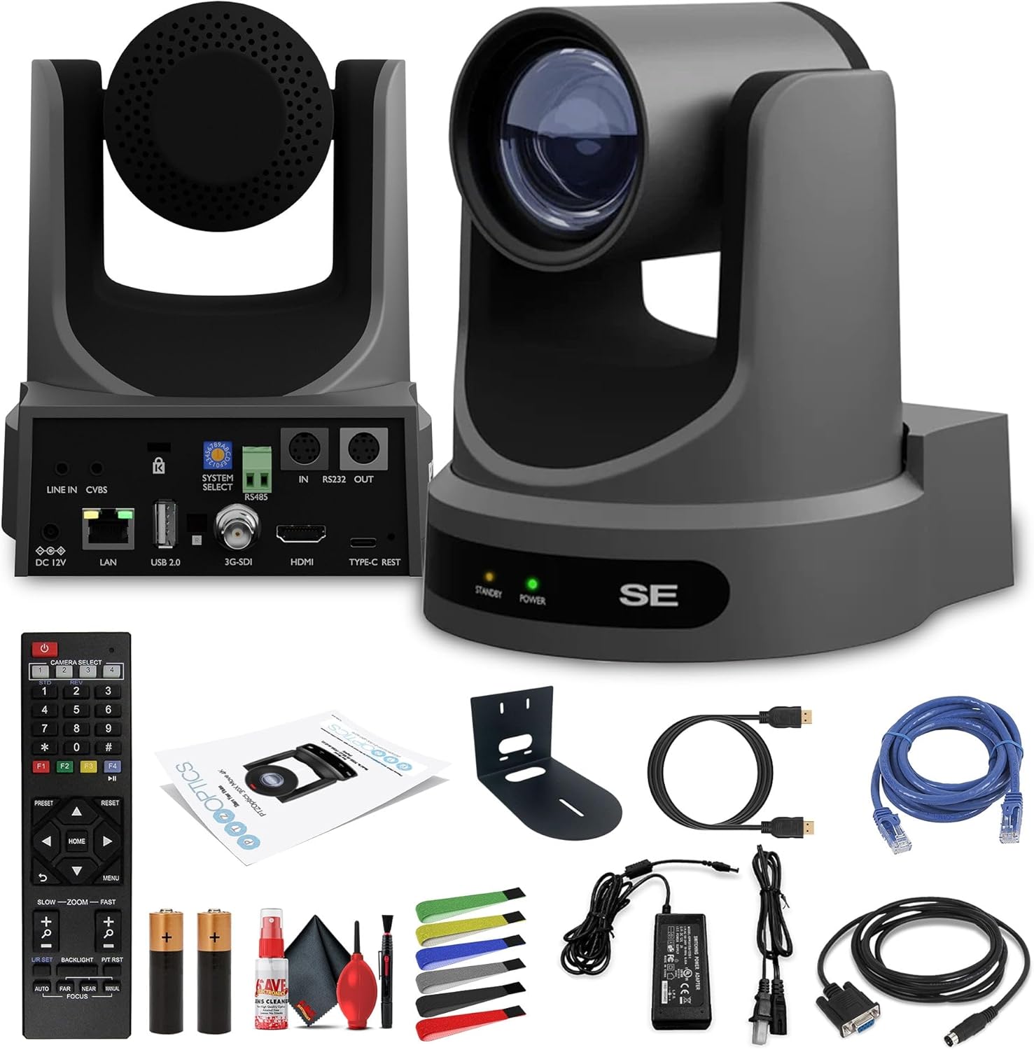 PTZOptics Move SE SDI/HDMI/USB/IP PTZ Camera with 20x Optical Zoom (Gray) (PT20X-SE-GY-G3) + Universal Wall Mount (Black) + Lens Cleaning Kit + HDMI Cable + Ethernet Cable + Color Wire Ties