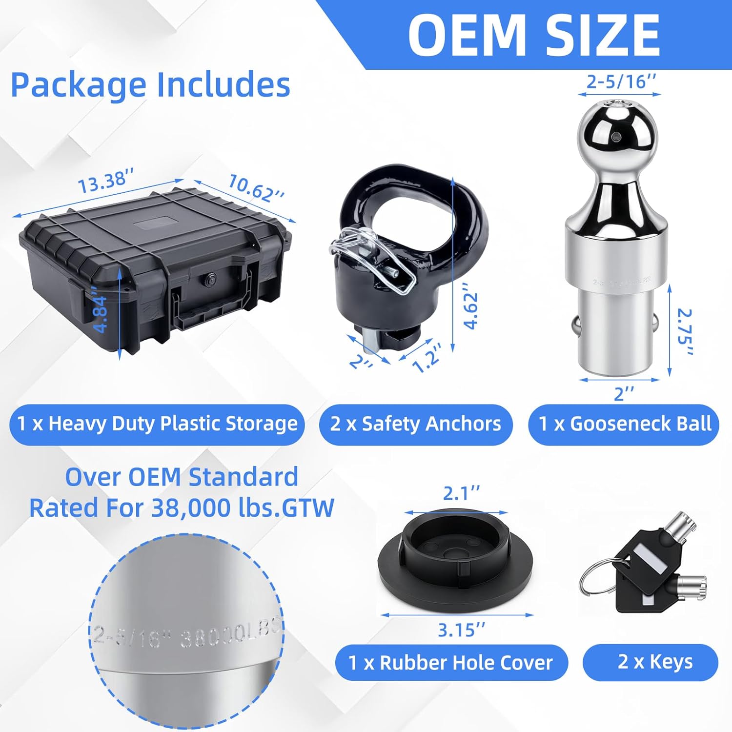 60638 Upgraded 38k Gooseneck Hitch Kit with 2-5/16" Gooseneck Ball with Lock and Safety Chain Anchors for 2013-2025 Dodge RAM 2500/3500-Includes Durable Storage Case
