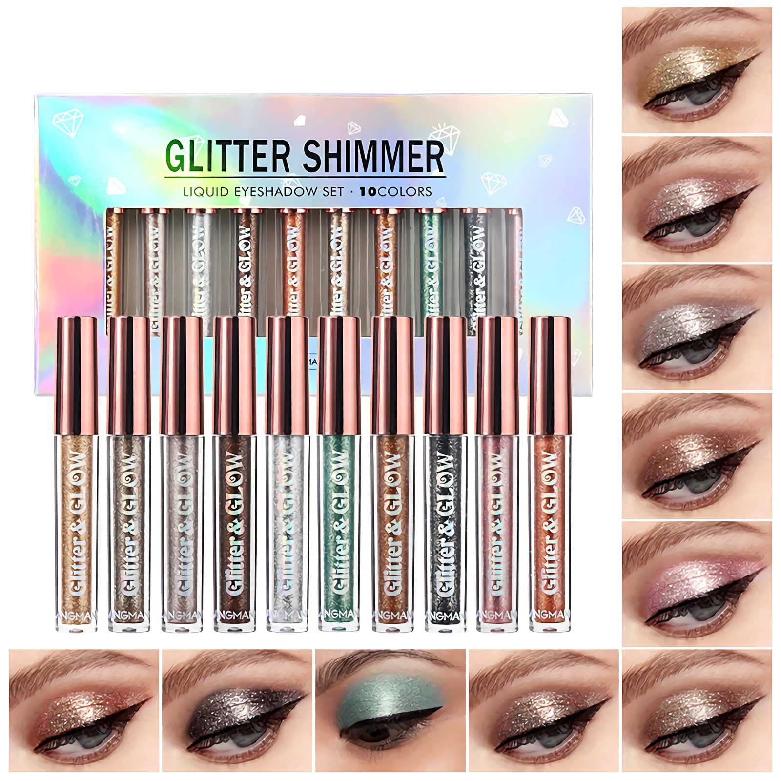 SUMEITANG 10 Colors Liquid Eyeshadow Metallic Glitter Eyeshadow Set Diamond Shimmer Sparkling Smokey Eye Looks Quick-Drying Waterproof Long Lasting for Women Eye Makeup Gift Kits