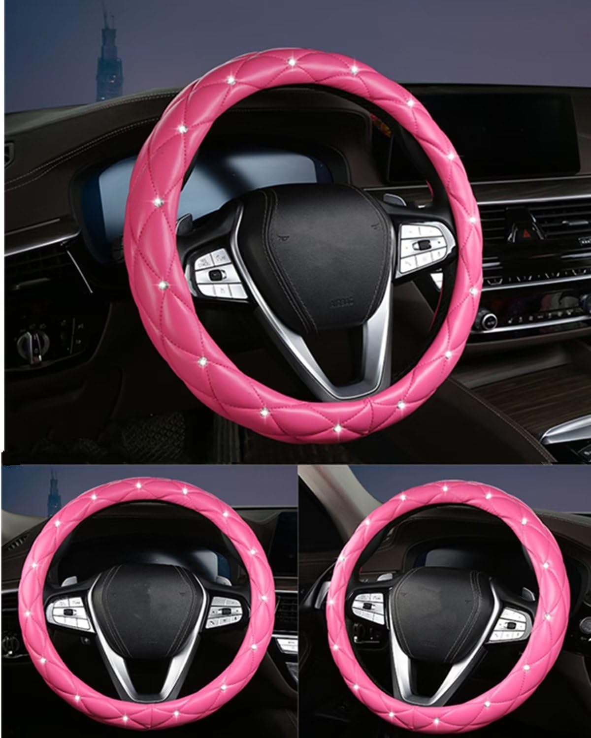 Car Steering Wheel Cover with Bling Rhinestones PU Leather Anti-Slip 15 Inch Car Wheel Protector for Women Girl Universal Fit Suvs,Vans,Sedans,Car Hot Pink