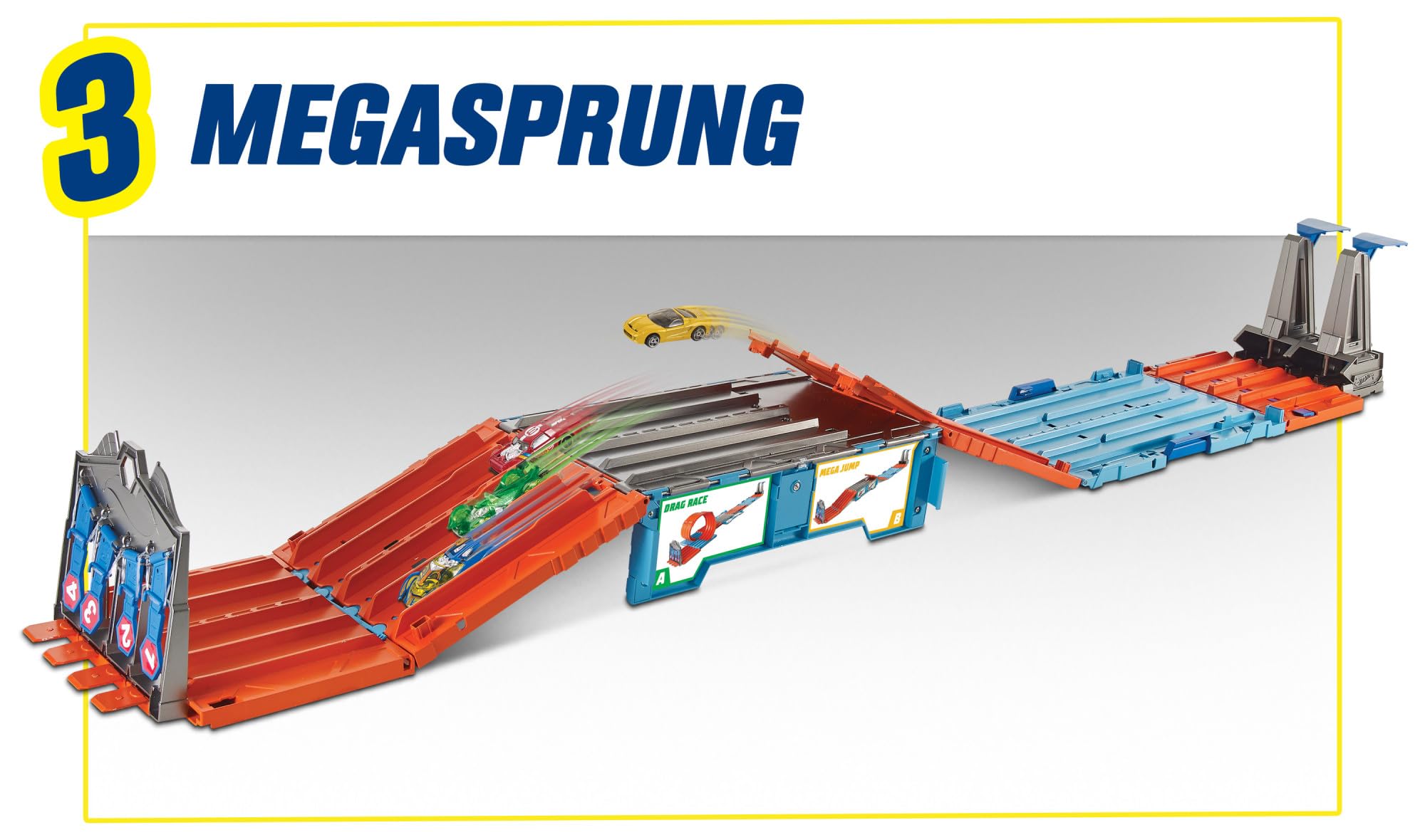 Hot Wheels Bahn Track Builder, Rennkiste (3 Stunts in 1 Set) zum Bauen von Autorennbahnen für Hot Wheels Autos, inkl. 2 Spielzeugautos, Auto Spielzeug, Spielzeug ab 6 Jahre, GKT87