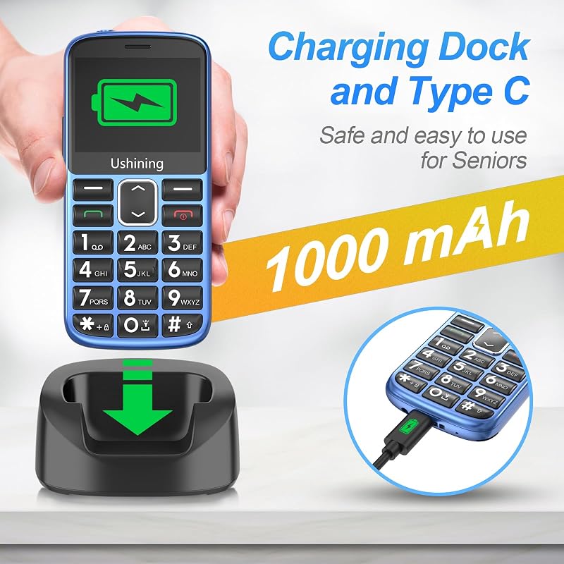 ukuu Nyugdíjas mobiltelefon nagy gombokkal kék, 2.4 hüvelykes színes kijelző, Dual SIM, vészhelyzeti gomb, 1000 mAh, töltőállomás