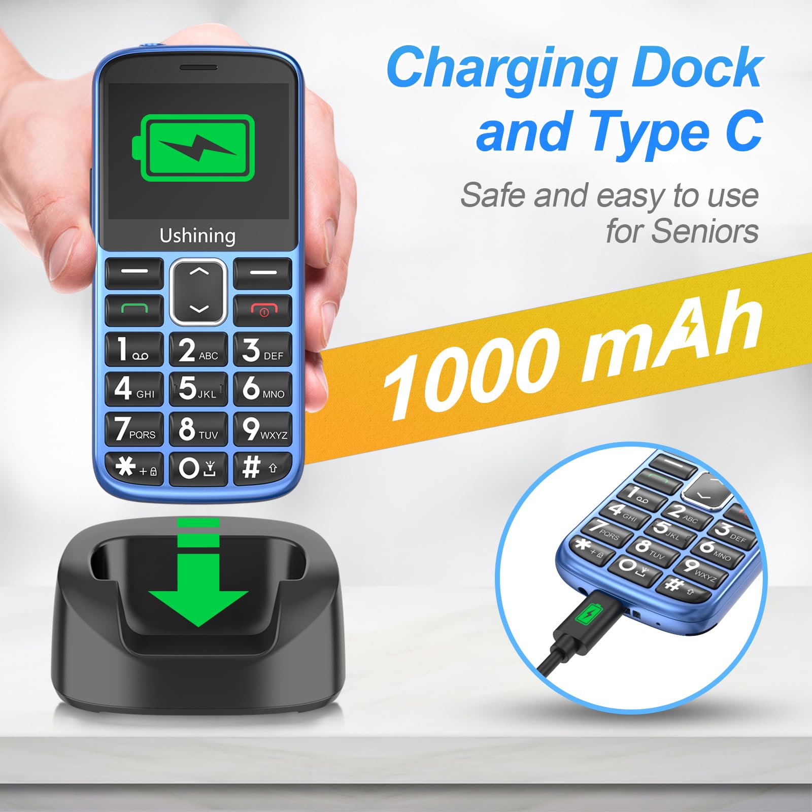 Ukuu Telefono Cellulare per Anziani con SOS - Tasti Grandi, Volume Alto, Schermo 2.3'', Ricarica USB-C, Batteria 1000mAh, Facile da Usare (Blu)