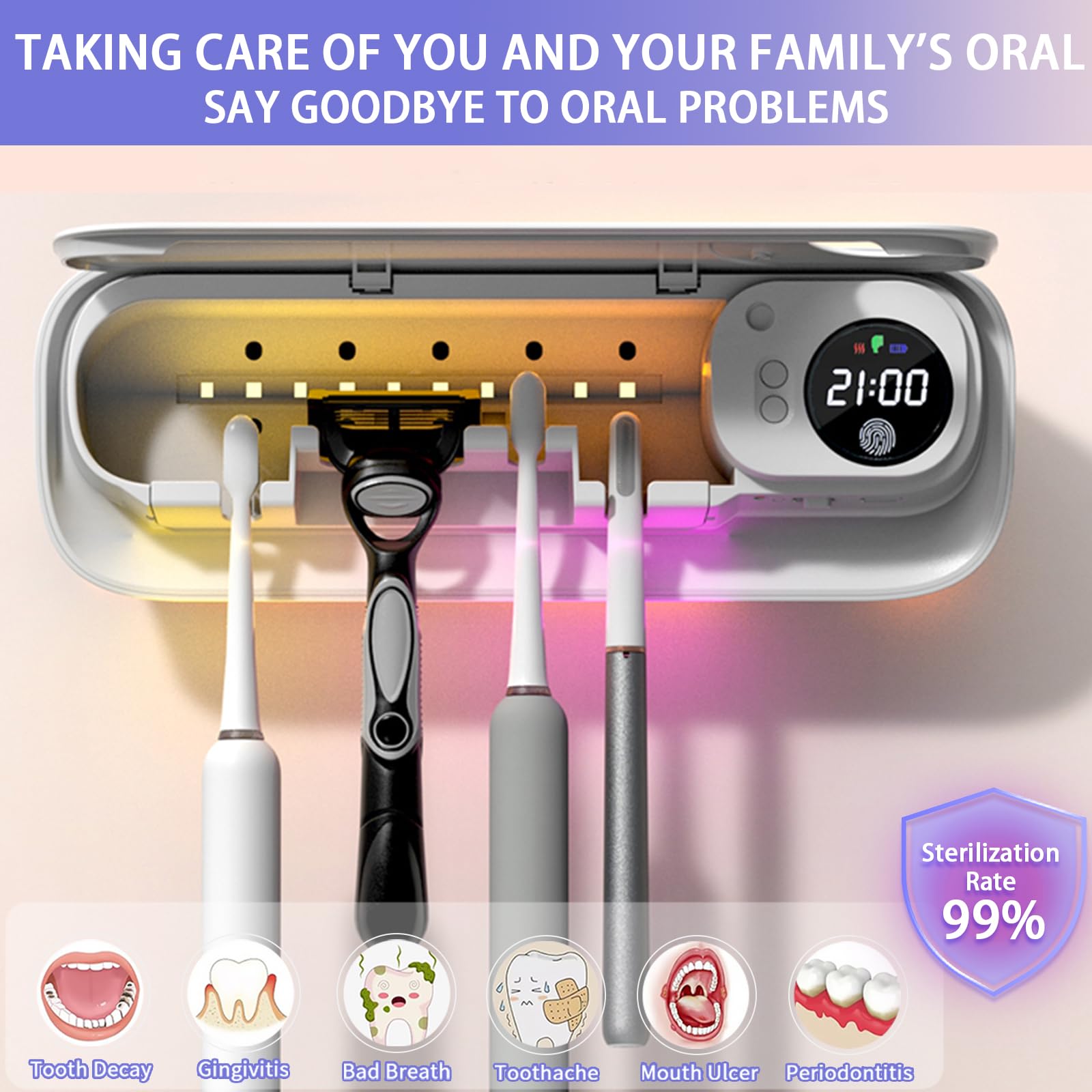 Soporte para cepillo de dientes para baño, soporte inteligente para cepillo de dientes con limpieza/secado/temporizador, 5 ranuras para cepillos de dientes montado en la pared con luz nocturna