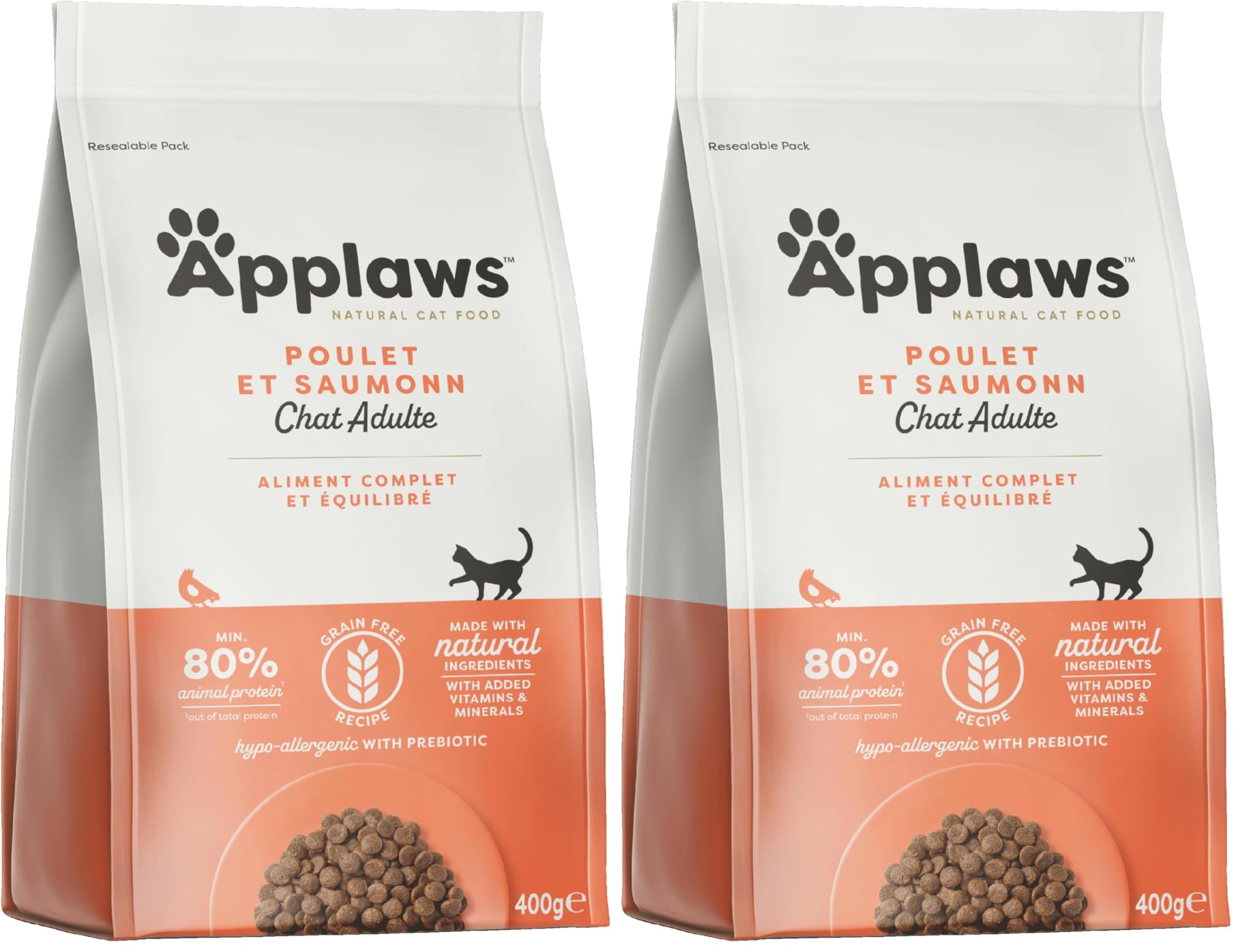 Applaws Complete Natural Dry Adult Cat Food, Chicken with Salmon - 400g Resealable Bag (Pack of 2)