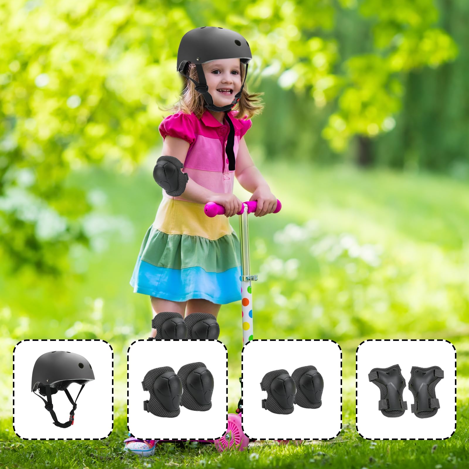 Ginocchiere per bambini con casco, equipaggiamento di protezione in linea per bambini, traspiranti e regolabili, set di ginocchiere per bicicletta, skateboard, scooter