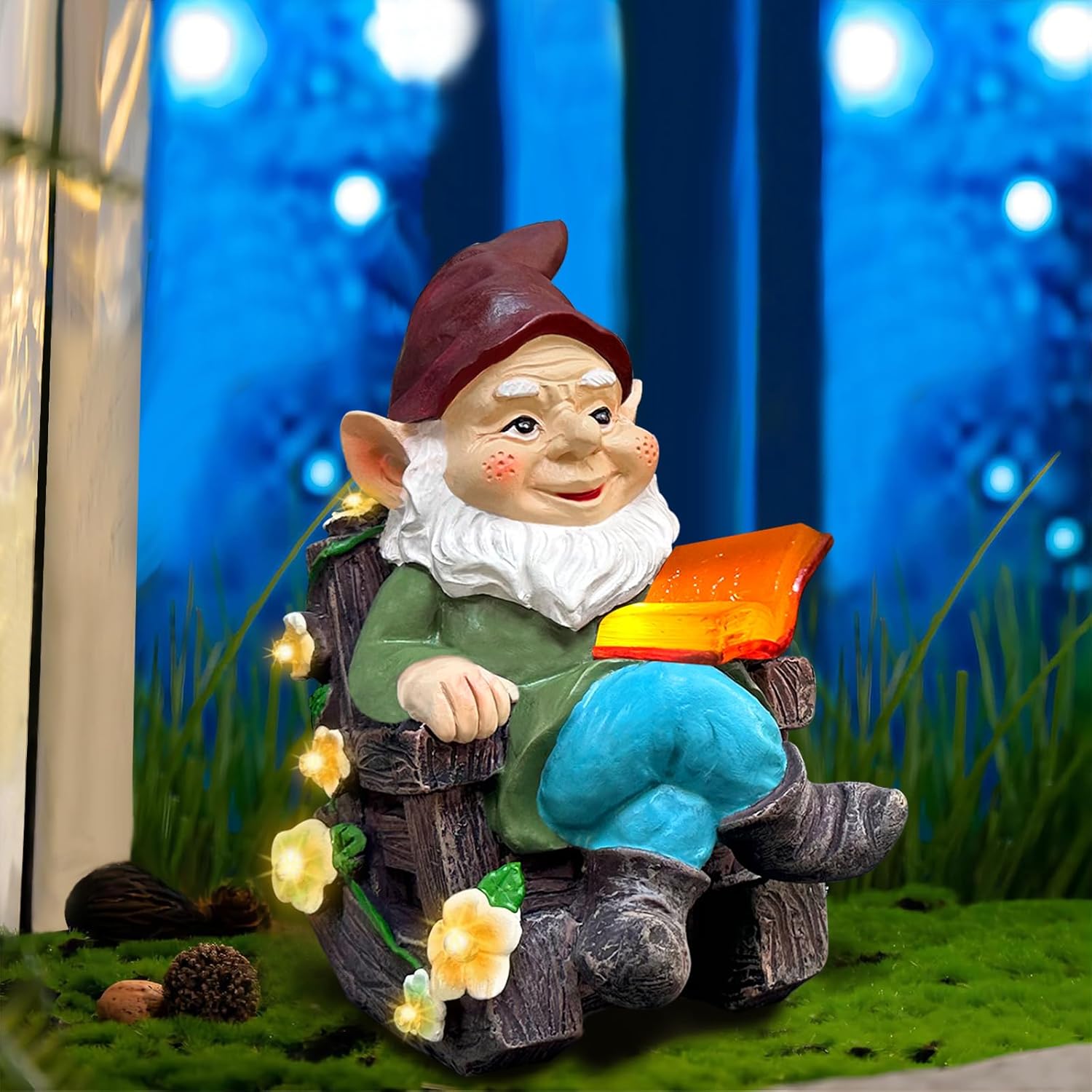 Solar Garden Gnome Statues Outdoor, Fairy Rocking Chair Gnomes Reading Book Succulents Figurines Lights Yard Art Sculpture Home Decor for Outside Patio Balcony Lawn, Unique Loved One Gifts for Mom