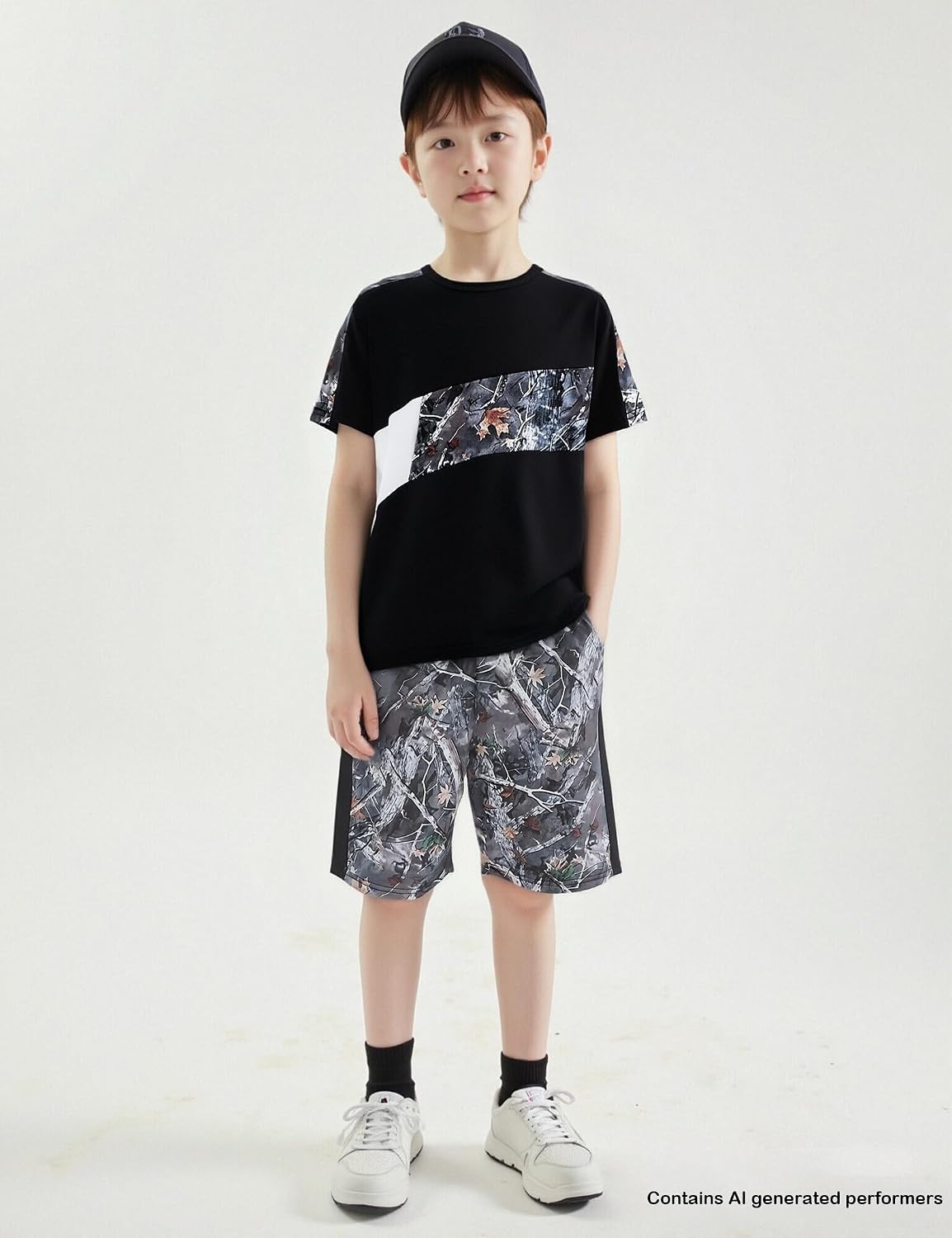 Boys clothes Set 6-14 Years Camo Stitching Short Sleeve T-Shirt and Camo Athletic Shorts 2-Piece Outfit for Boy