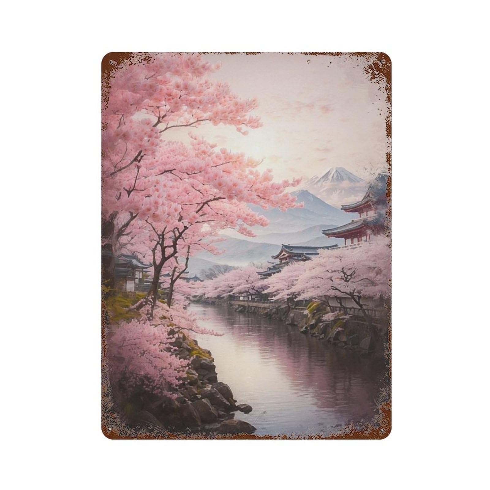 Mount Fuji in Bloom Vintage Wall Sign 15.7"x11.8", Rust Effect Metal Decor for Farmhouse, Kitchen And Entryway Decor