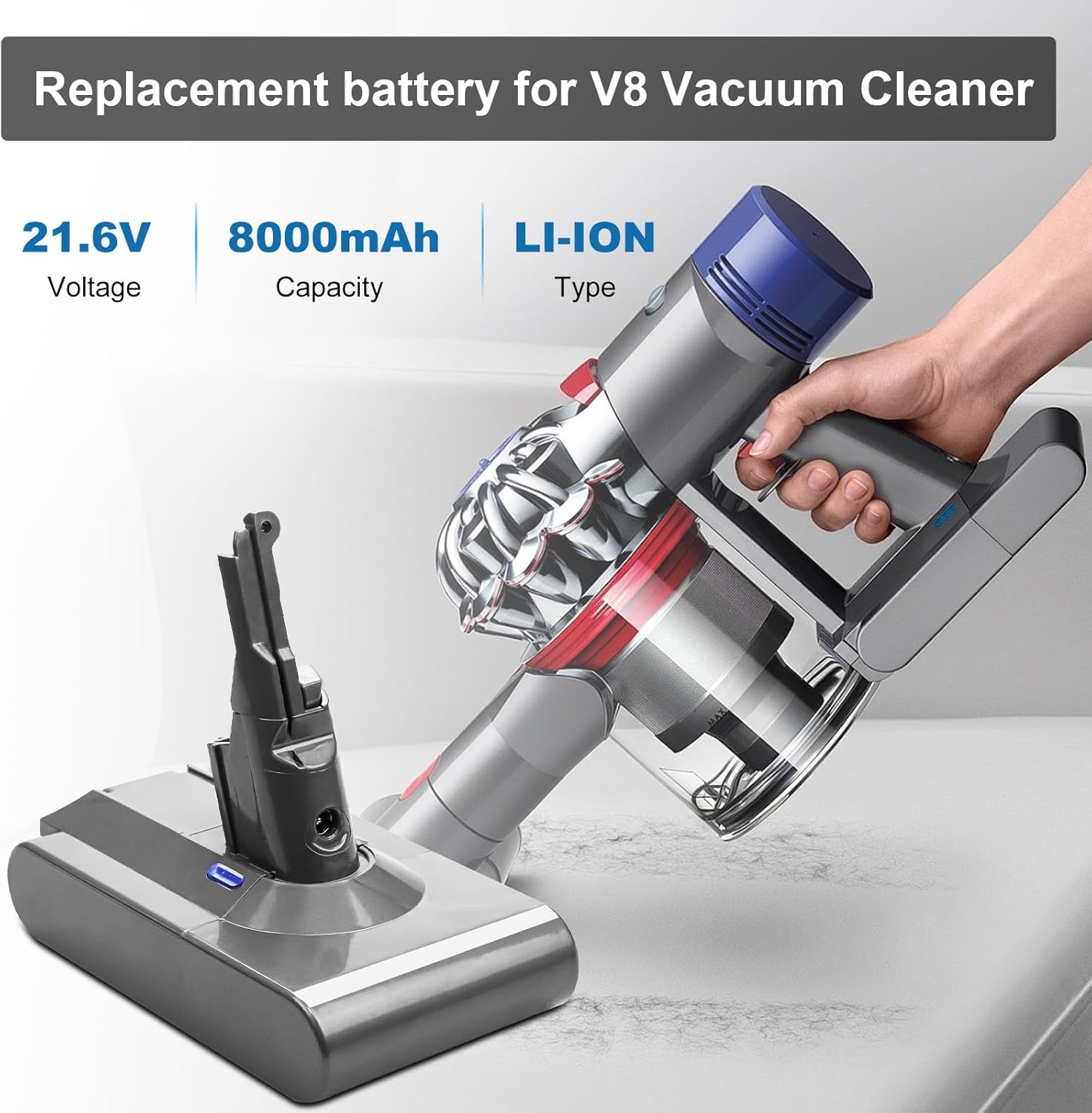 8000mAh 21.6 Volt V8 Replacement for V8 Battery 21.6V 8.0Ah Lithium-ion Compatible with V8 Battery Absolute Animal Motorhead Fluffy Carbon Fiber Vacuum SV10 Vacuum Power Battery Tools (Sliver)