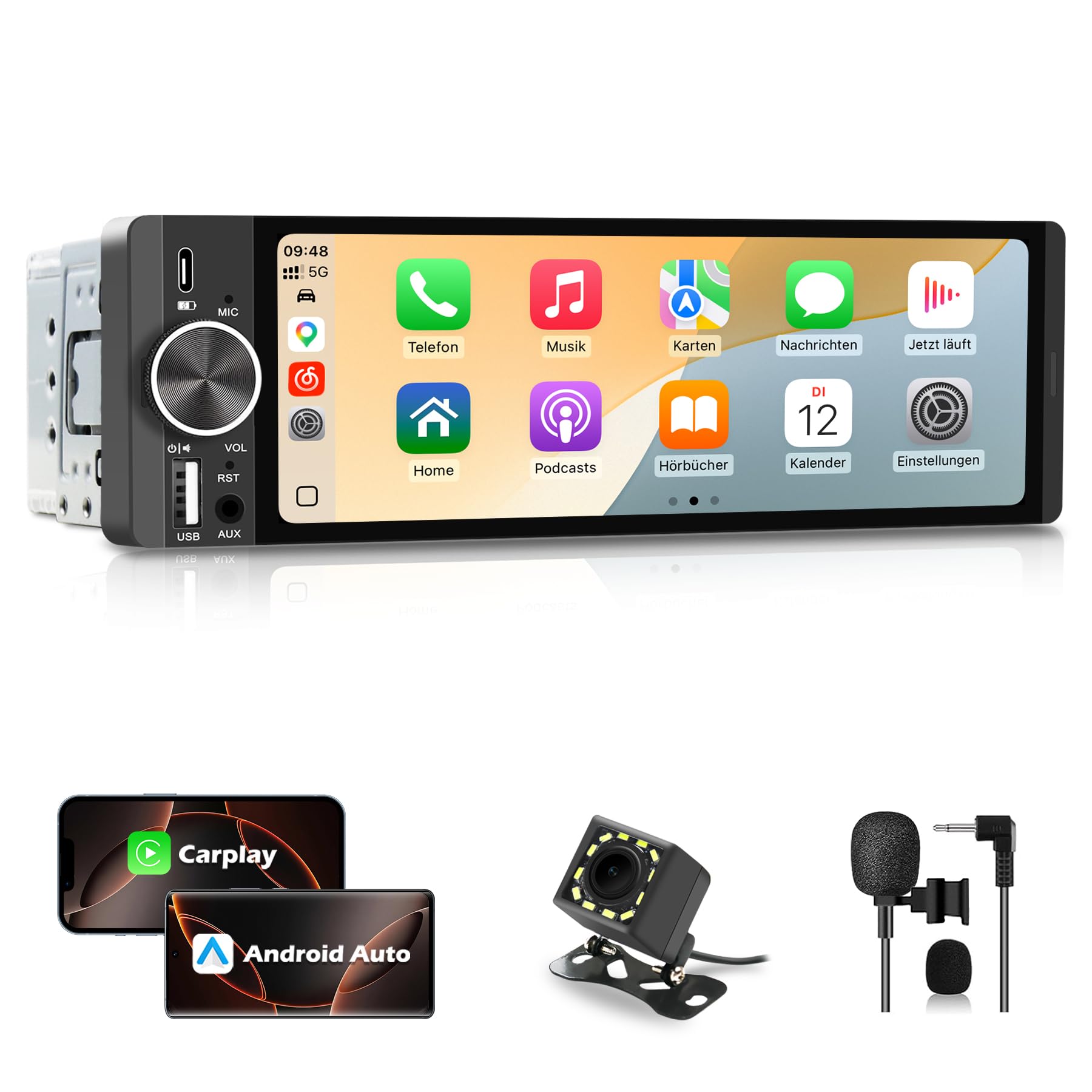 1Din Bluetooth Autoradio mit Bildschirm CarPlay/Android Auto Rückfahrkamera | 6,28 Zoll Touch Display mit GPS Navigation, FM, Lenkradsteuerung, MirrorLink, Equalizer, USB-C, AUX, Single Din Auto Radio
