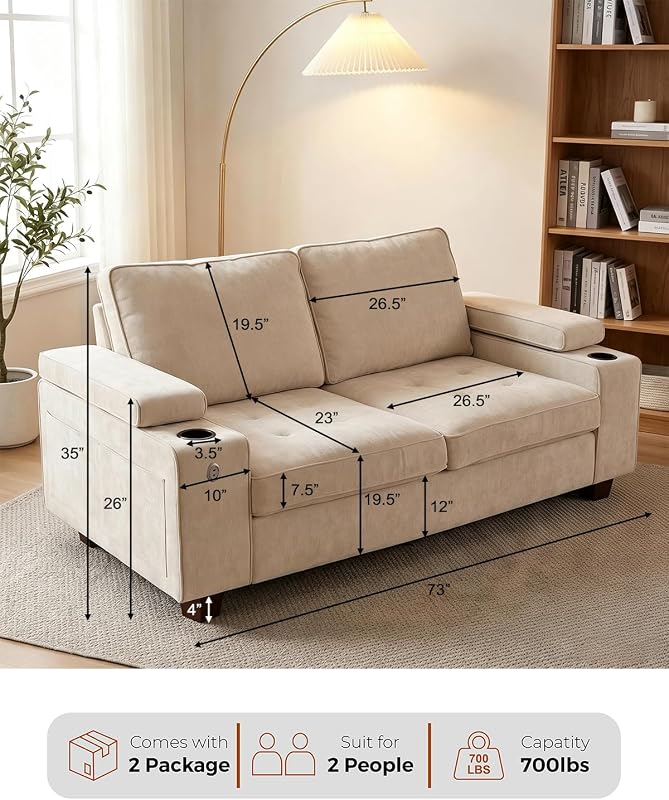 DEPSIS 73" Loveseat Sofa, Modern Upholstered Couch for Living Room, Small Space Sofa with Hidden Armrest Storage, USB & Type-C Charging Ports, Adjustable Armrests, Built-in Cup Holders, Beige image 6
