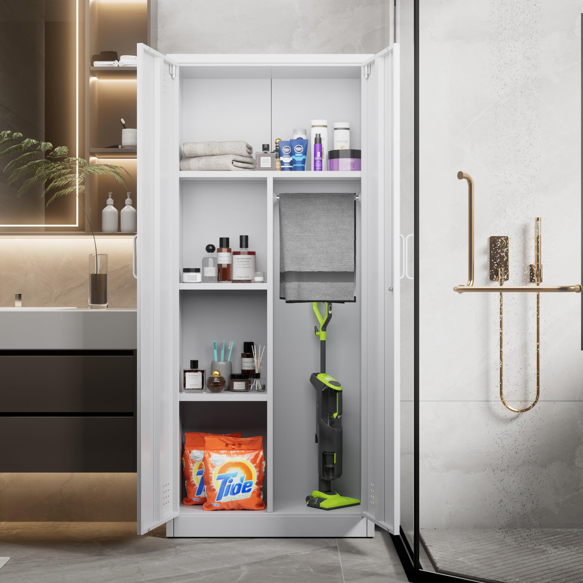 SUPEER Besenschrank mit Belüftung & Magnetverschluss,Mehrzweckschrank,Stabiler Stahlschrank für Staubsauger, Putzmittel, Wäsche und Haushaltszubehör|70x30x165 cm|Weiß