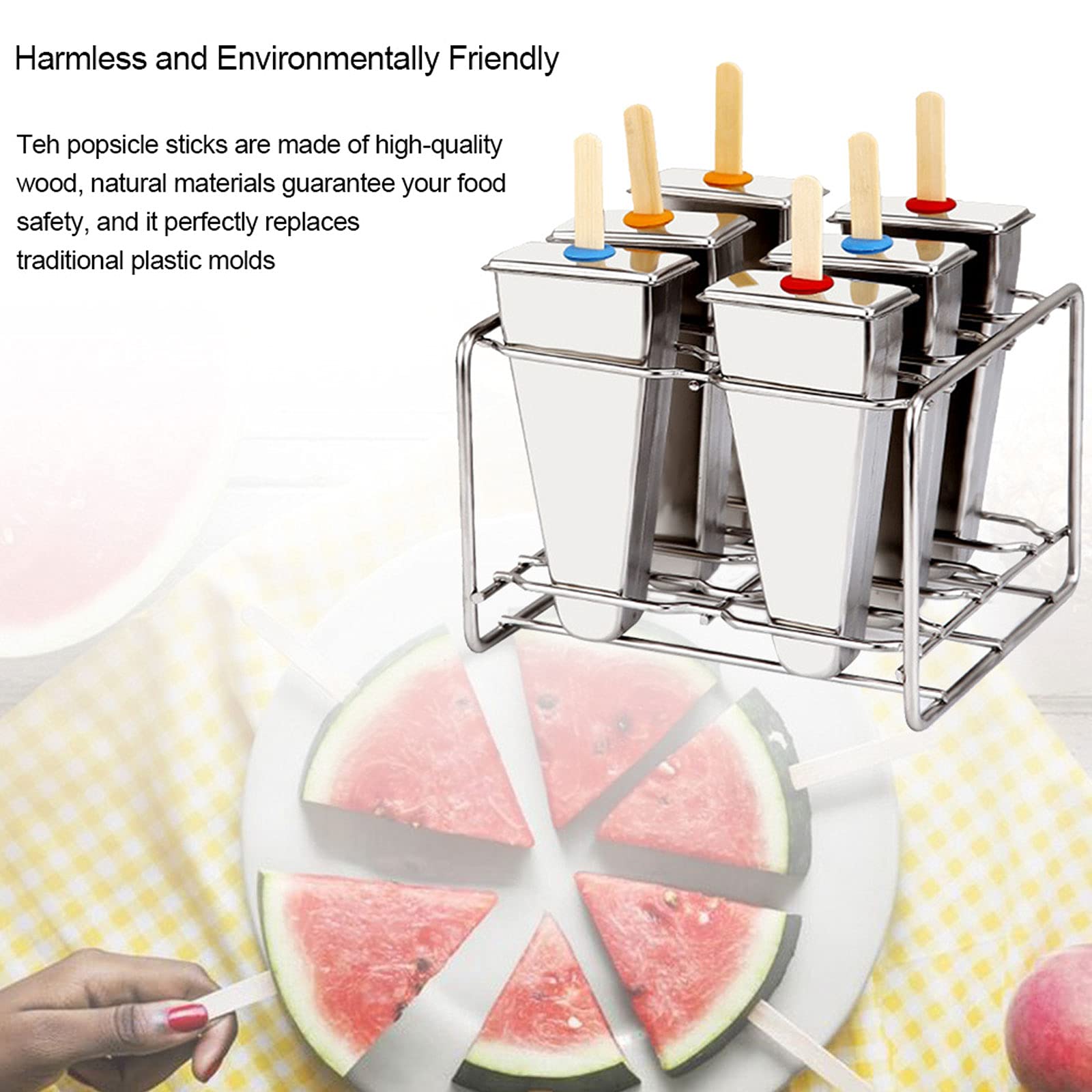 Stieleis Edelstahl, Eisformen EIS am Stiel Edelstahl, EIS Formen Fuer Stieleis Edelstahl, 6er Set Edelstahl Eisform Eckig mit Ständer und Bambussticks Eisstiehlform Eisstiel Form
