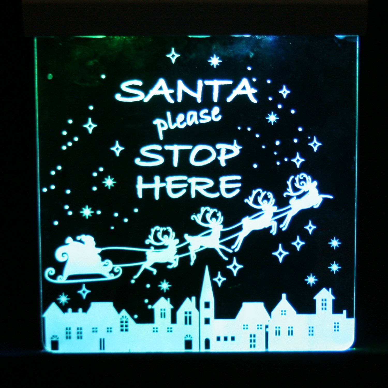 WeRChristmas Pre-Lit Santa Please Stop Here Colour Changing LED Illuminated Christmas Sign, 25 cm, Multi-colour - Image 2