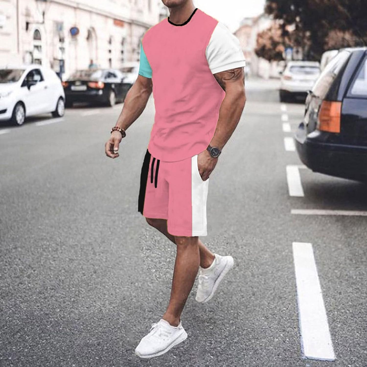 Miniatura 3 de Mens Summer Outfits 2 Piece Relaxed-Fit Lightweight Short Sleeve Shirts and Drawstring Shorts Breathable Sport Set