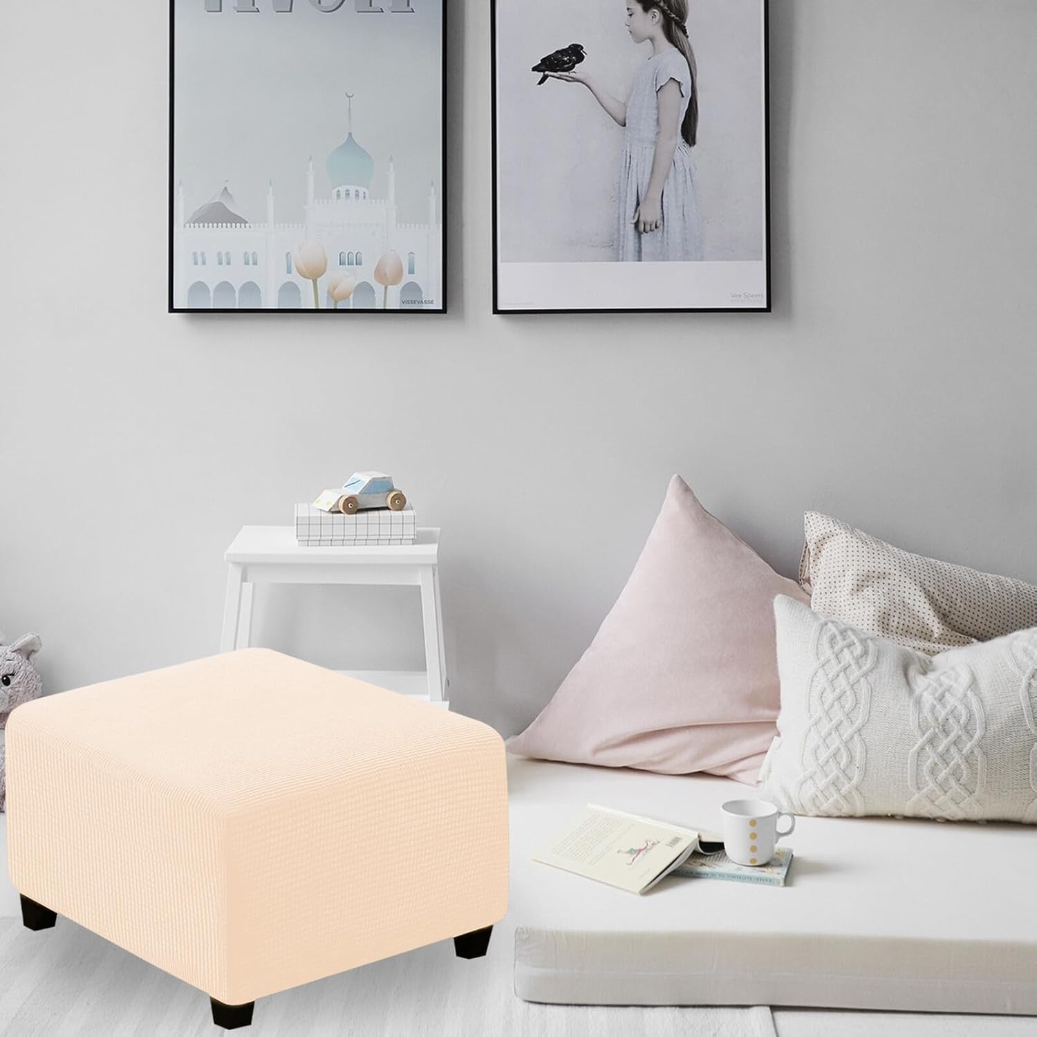 UKCOCO Stretchy Natural Color Footrest Stool Cover, Square Corngrain Texture Protector Slipcover, Removable Elastic Cube Stool Seat Cushion Cover for Home and Dining