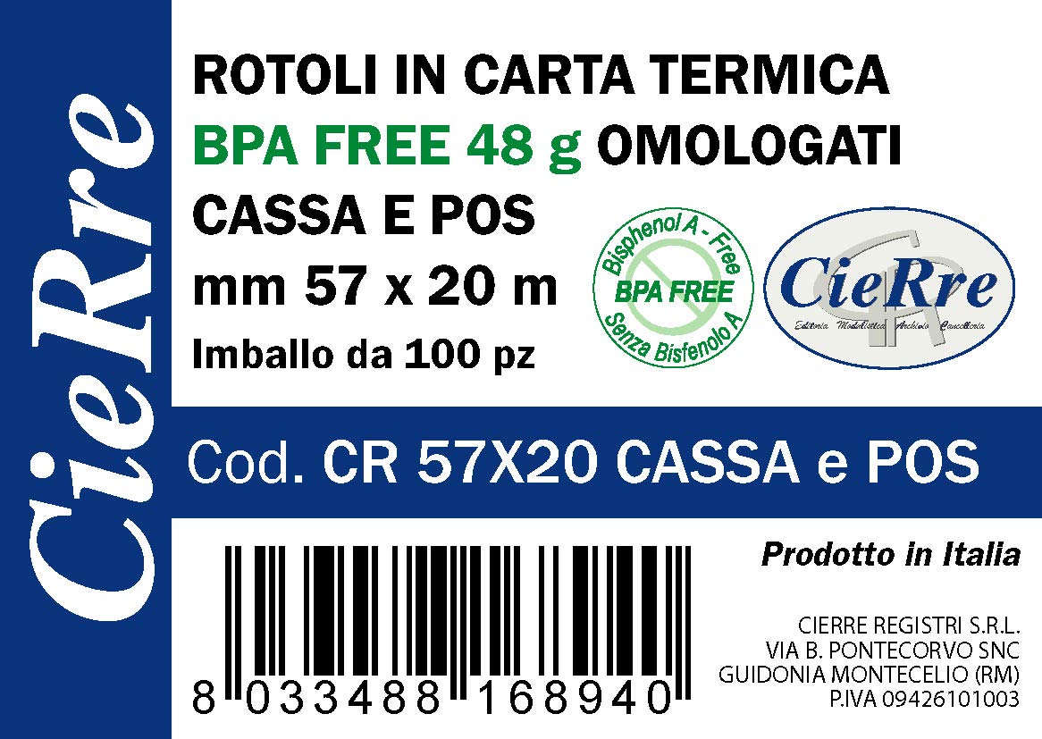 ROTOLI IN CARTA TERMICA (BPA FREE 48 g) OMOLOGATI PER CASSA E POS mm. 57x20 - imballo da 100 pz