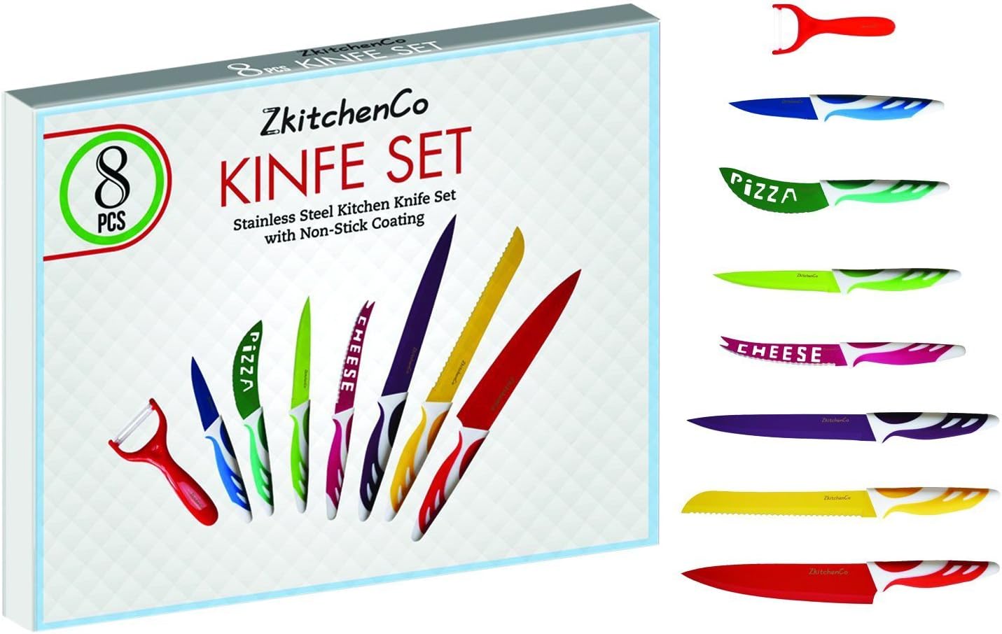 ZkitchenCo 8 piece Kitchen knife cutlery set, Cooking Gadgets, Stainless steel Multi-Colored Knives, Chef, Utility, Paring,Bread, Cheese, Pizza, PLUS Ceramic Peeler , Premium gift box