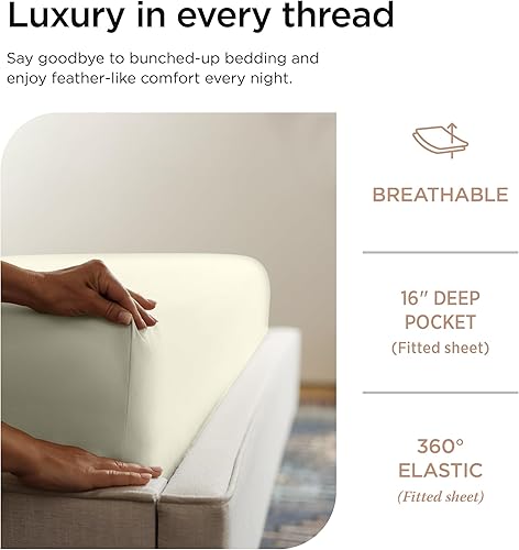 Miniatura 5 de Threadmill Juego de sábanas de tamaño king de 600 hilos, 100 % algodón, 4 piezas, tejido de satén, marfil, suaves y lisas, calidad hotelera, con