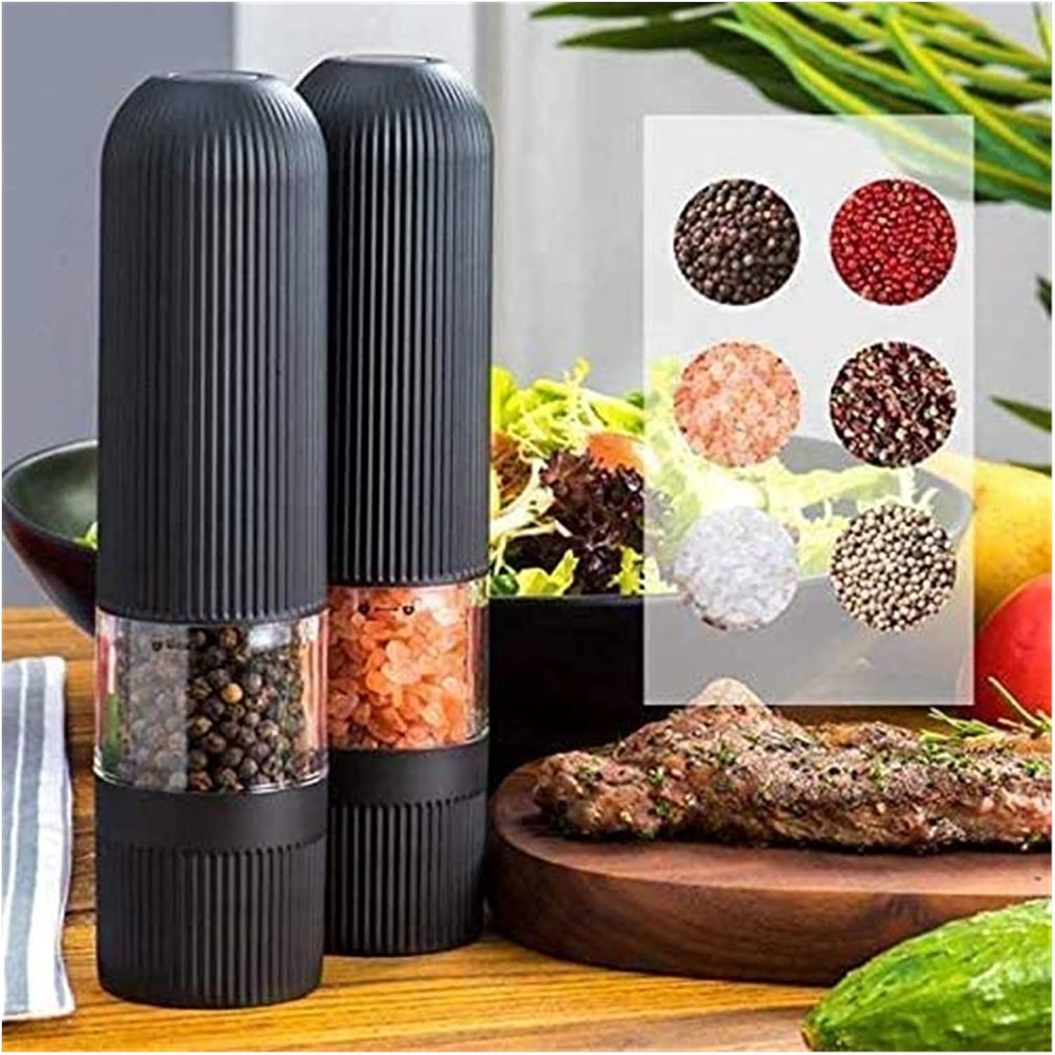 Electric Salt and Pepper Grinder Set - Battery Operated Stainless Steel Mill (2 Mills) - Automatic One Handed Operation - Adjustable Shakers - Ceramic Grinders
