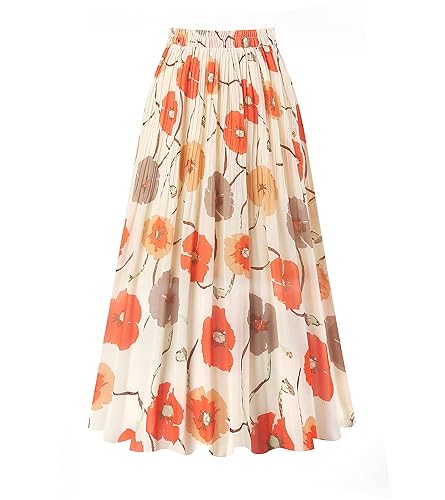 Kingfancy Women's Pleated Skirt Chiffon Elastic Waist A-Line Midi Length