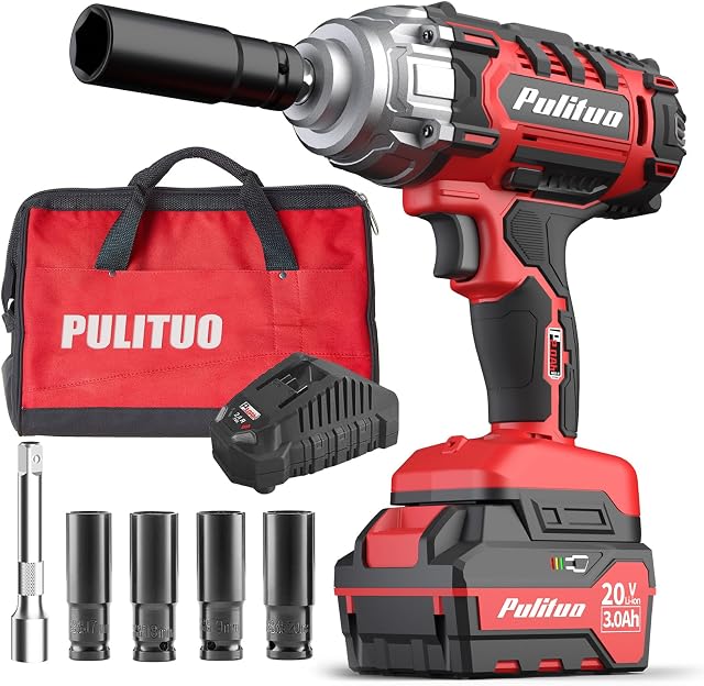 PULITUO 20V Cordless Impact Wrench 1/2 Inch, Power Impact Gun Max Torque 350 Ft-lbs(475N.m), 3.0Ah Li-ion Battery, 1-Hour Fast Charger, Led Light, 4 Pcs Impact Sockets, Tool Bag