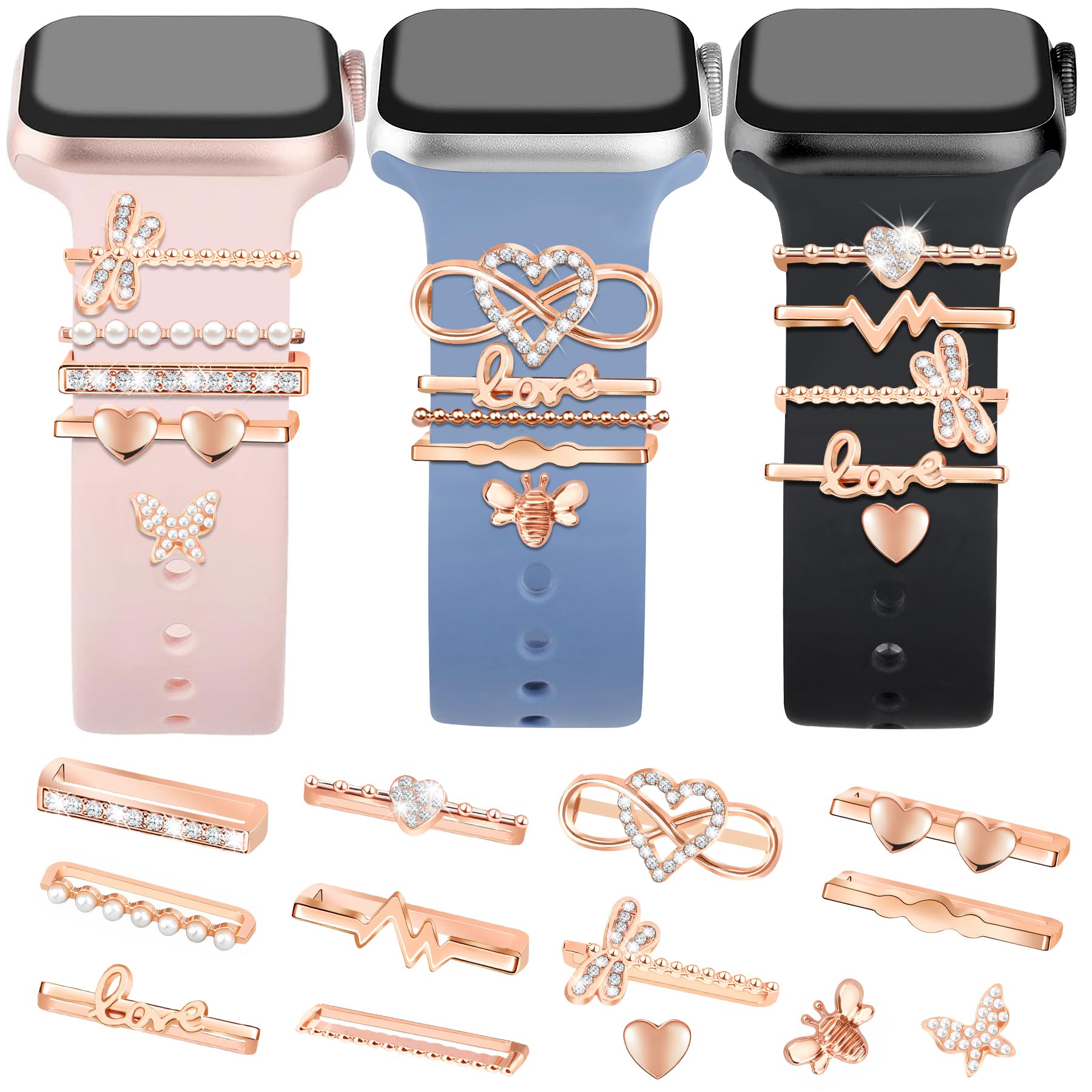 JR.DM 13 Pcs Rose Gold Watch Band Charms with 10-Pcs Decorative Rings Loops 3-Pcs Decoration, Compatible with Apple Watch Band Metal Diamond Sliding Accessories for iWatch Series 11 10 9 8 7 6 5 4 3 2 Pearl Butterfly Set-Rose Gold