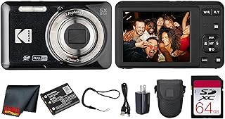 Kodak PIXPRO FZ55 Digital Camera (Black) | 16MP Sensor, 5X Optical Zoom, 28mm Wide-Angle Lens & Full HD Video | Great for Travel & Beginner Photography (FZ55BK) + 64GB Card + Case + Cleaning Cloth