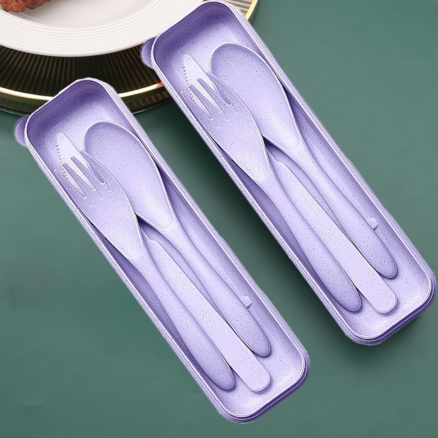 Reusable Travel Utensils Set with Case, 2 Sets Wheat Straw Portable Plastic Fork Spoons Knife Camping Cutlery, Eco-Friendly BPA Free Lunch Tableware for Adults Picnic Work or Daily Utensils (Purple)