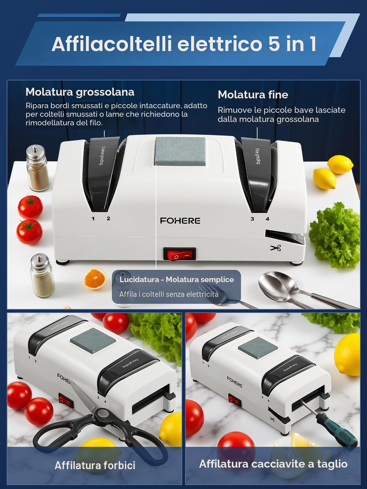 FOHERE Affilacoltelli Elettrico Professionale 5 in 1, 2 Raccoglitrucioli Magnetici, Abrasivi Diamantati al 100% per Coltelli da Cucina in Acciaio Doppio, Forbici e Cacciaviti a Taglio